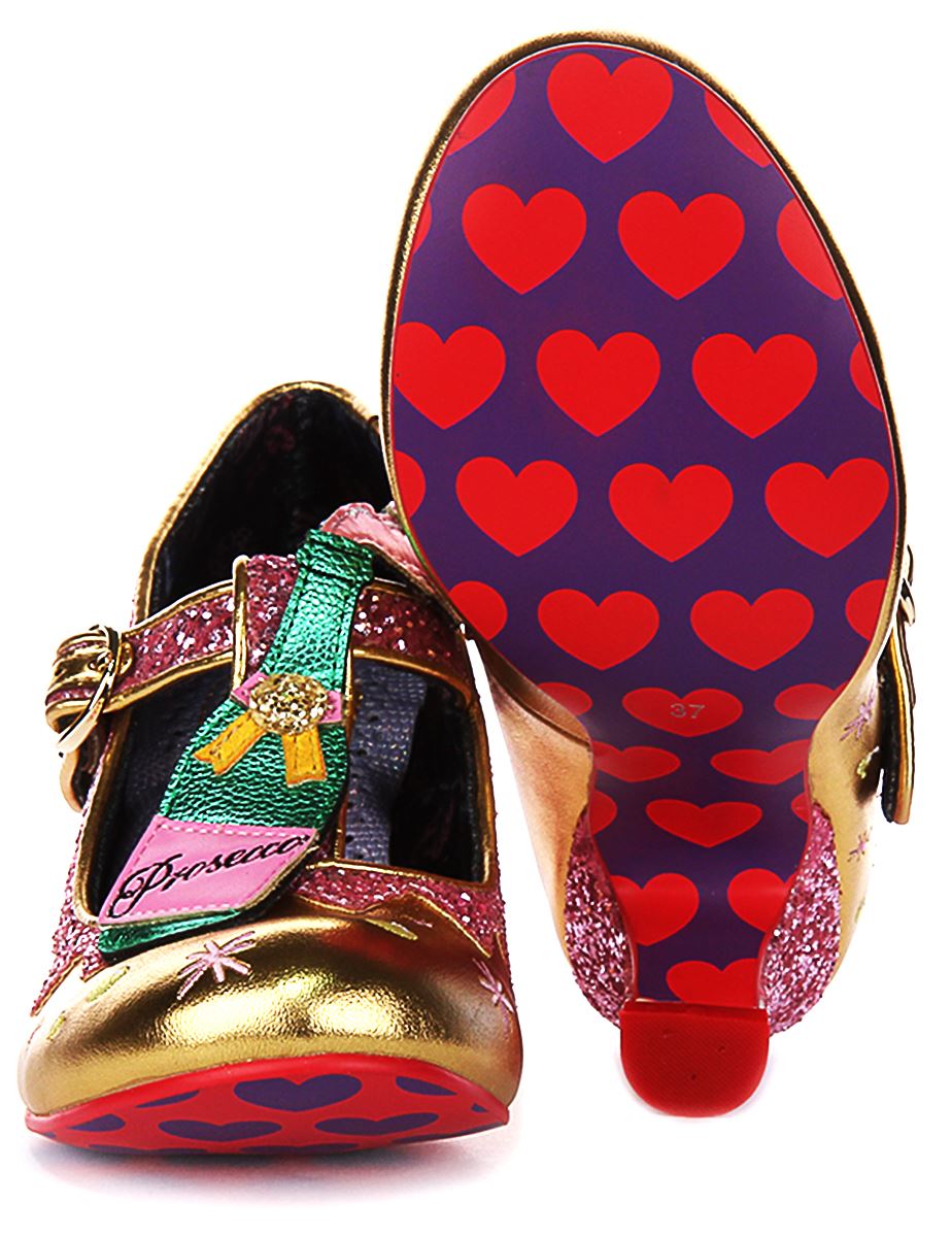 Irregular Choice Sip Sip Hooray T Bar Womens Heel Black Gold UK 4 - 8 - Picture 12 of 13