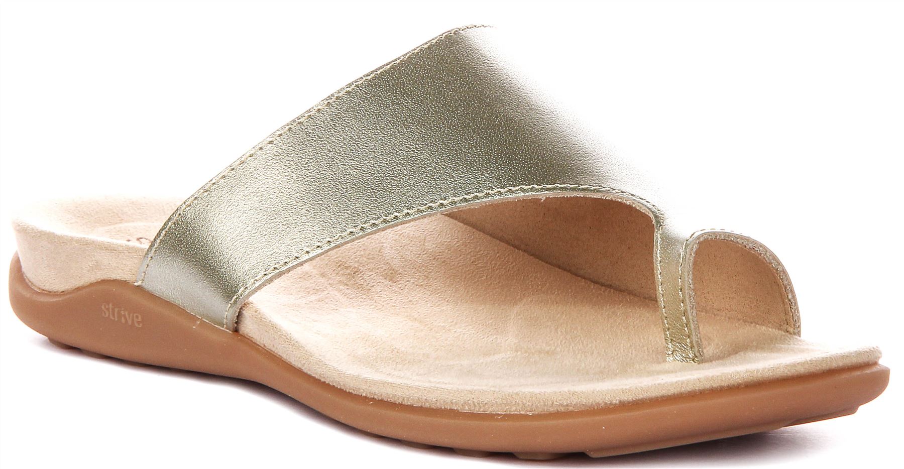 Strive Capri 4 Three Footbed Leather Slip On Womens Sandal In Gold US 5 – 11