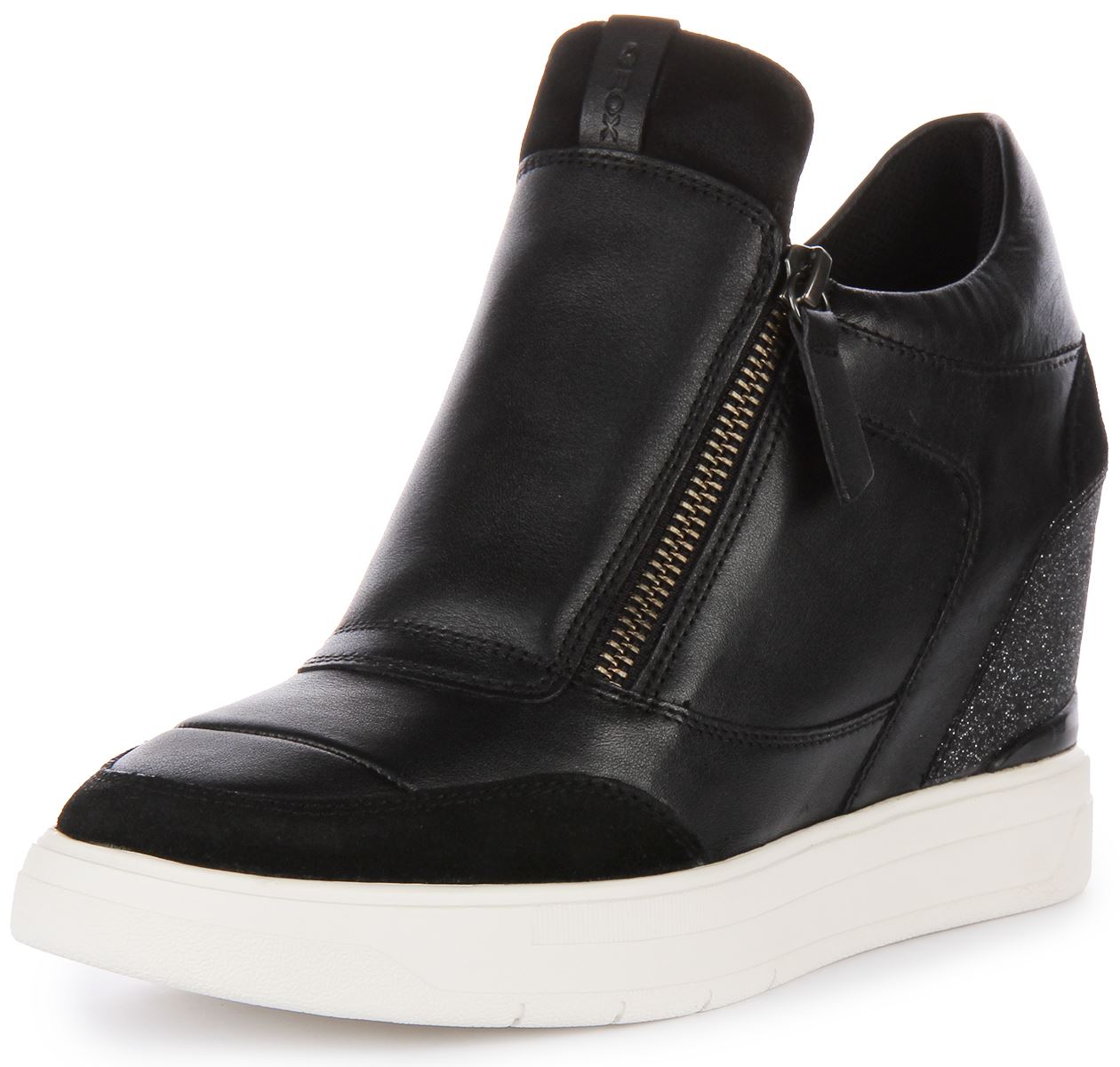 Geox D Maurica A Internal Wedge Zip Leather Sneaker Black Womens US 5 - 10