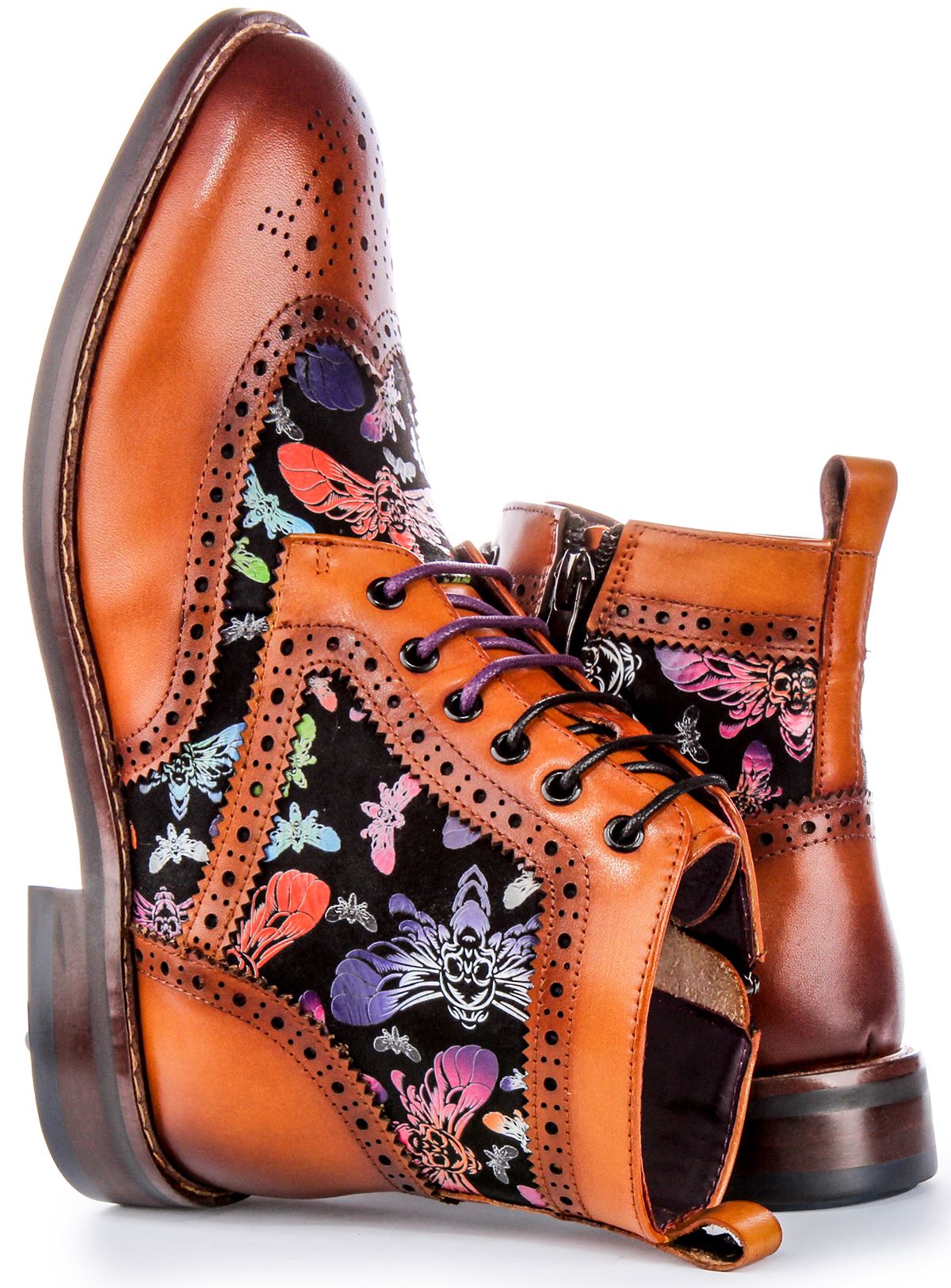 Justinreess England Leather Butterfly Print Lace Up Womens Boot