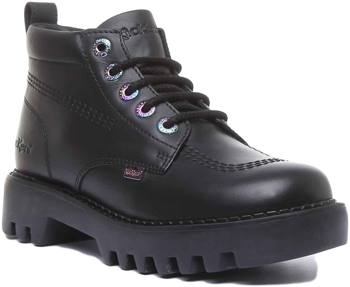 KICKERS Kizziie Hi Mujer Cordones Botín de Piel en Negro Charol Talla UK 3- 8 - Imagen 2 de 13