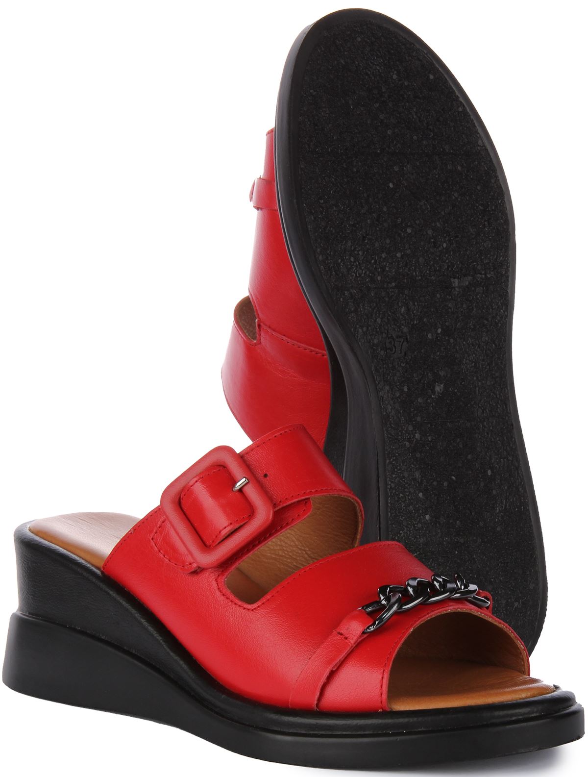 Justinreess England Leder Sami offene Zehenpartie Metallkette Keilabsatz rot Damen UK 3 – 7 - Bild 11 von 12