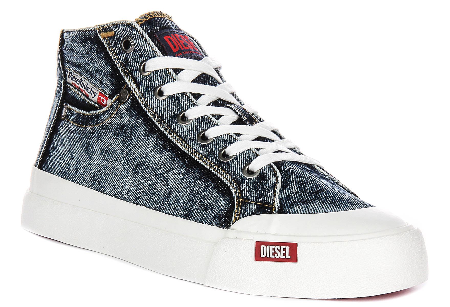 Diesel Athos Mid Hi Denim Lace Up Mens Sneakers In Navy White US 7