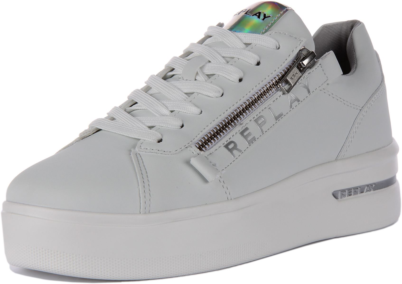 Replay - REPLAY　リプレイ　トレーナー　オーバーサイズ　ビジュー　フリル　グレー Replay University Zip Plating Lace Up Women Sneaker White US