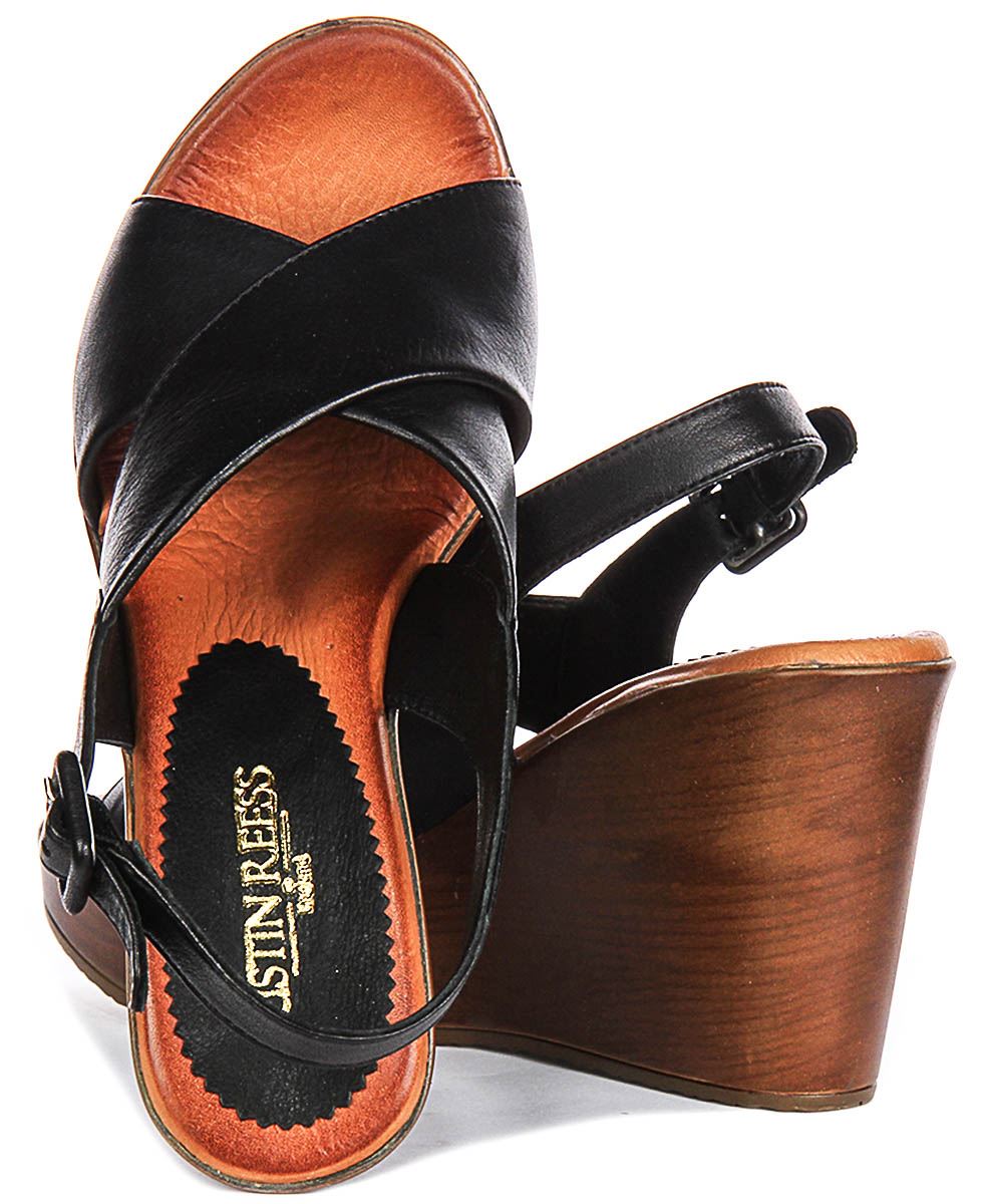 Justinreess England Platform Wedge Leather Womens Sandal In Black
