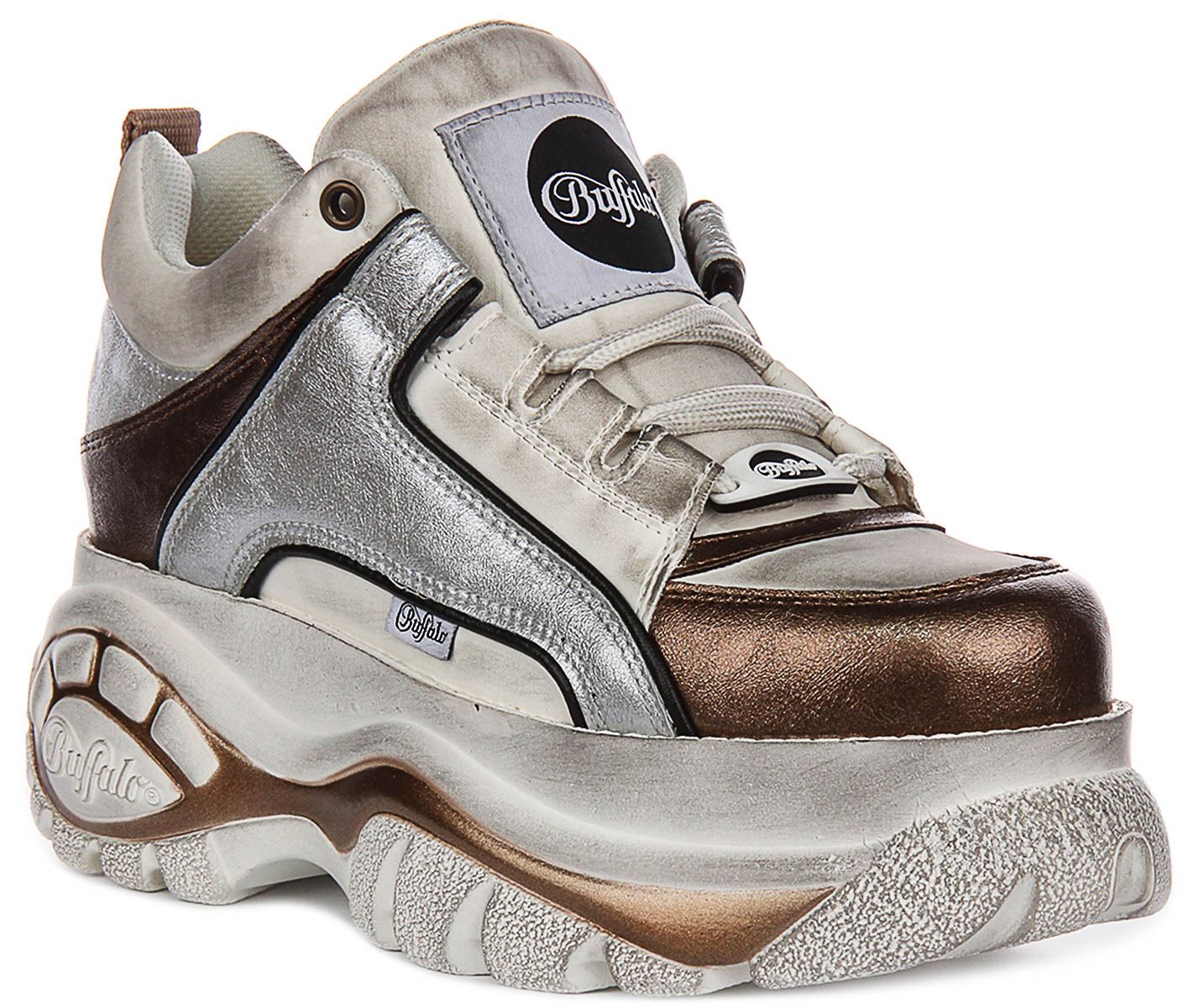Buffalo 1339-14 Distress Plateau Schnürschuhe Damen Sneaker in Weiß Silber 3-8
