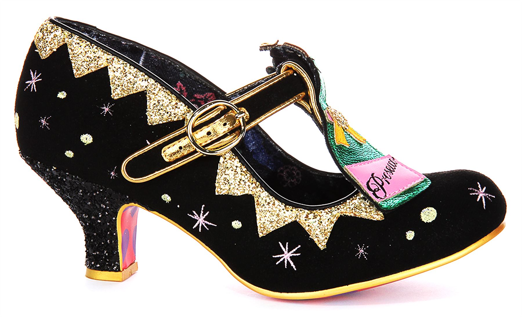 Irregular Choice Sip Sip Hooray T Bar Womens Heel Black Gold UK 4 - 8 - Picture 3 of 13