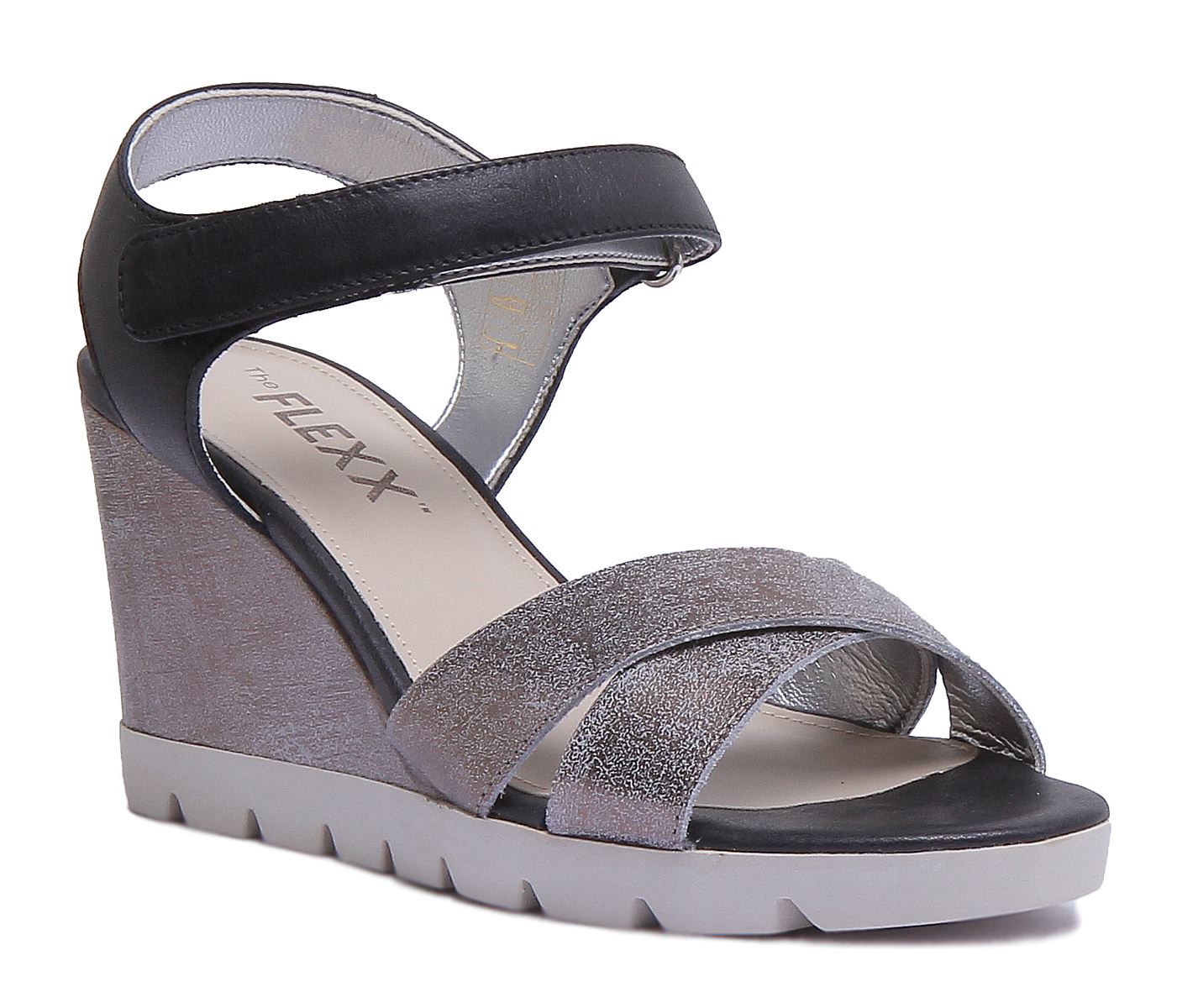 The Flexx Lotto Off S Flex Zeppa Cinturino Posteriore Sandalo In Argento Nero Taglia UK 3 8