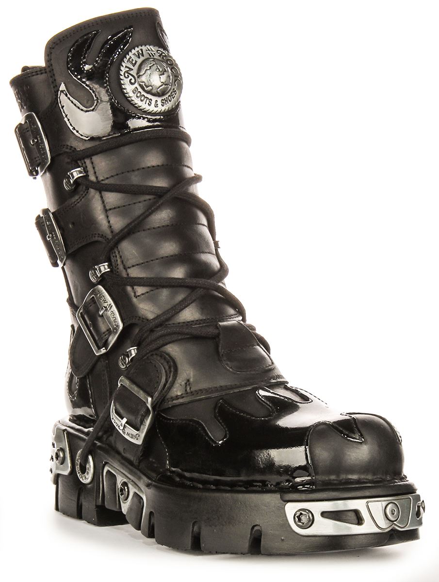 Newrock 591 Reactor 90S Flame Print 4 Buckles Womens Boot Black