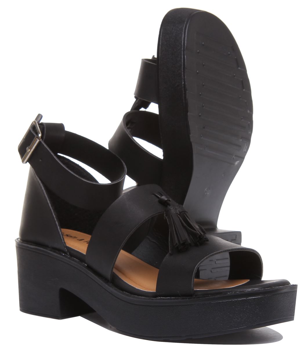 Womens Ladies Block Heel Fashion Sandals With Tassel In Black Size UK 2- 8 - Picture 8 of 14