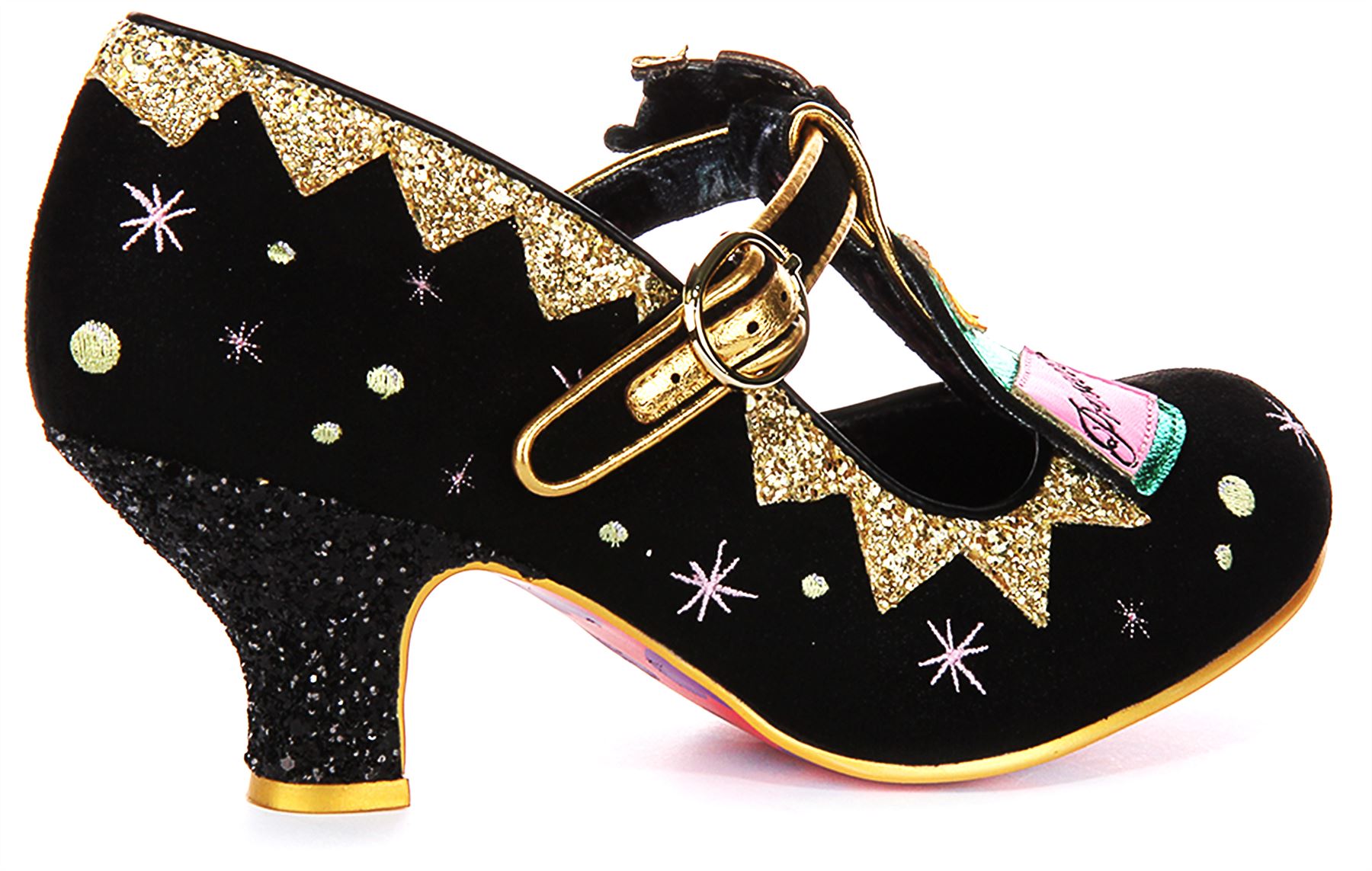 Irregular Choice Sip Sip Hooray T Bar Womens Heel Black Gold UK 4 - 8 - Picture 4 of 13
