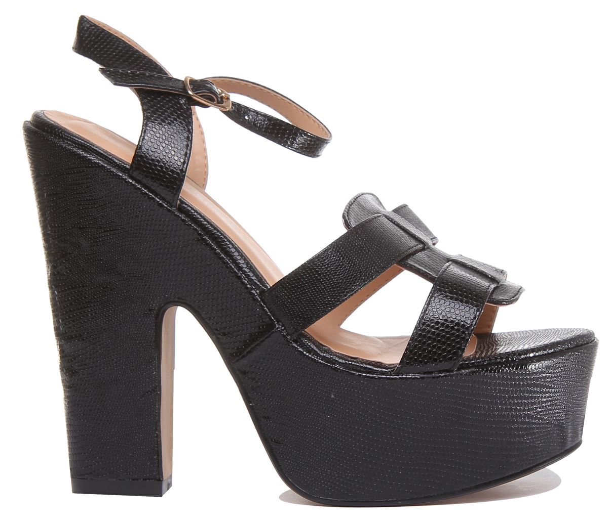 Womens Ankle Strap Platform Sandals With Snake Effect In Black Size UK 2- 8 - Picture 4 of 19
