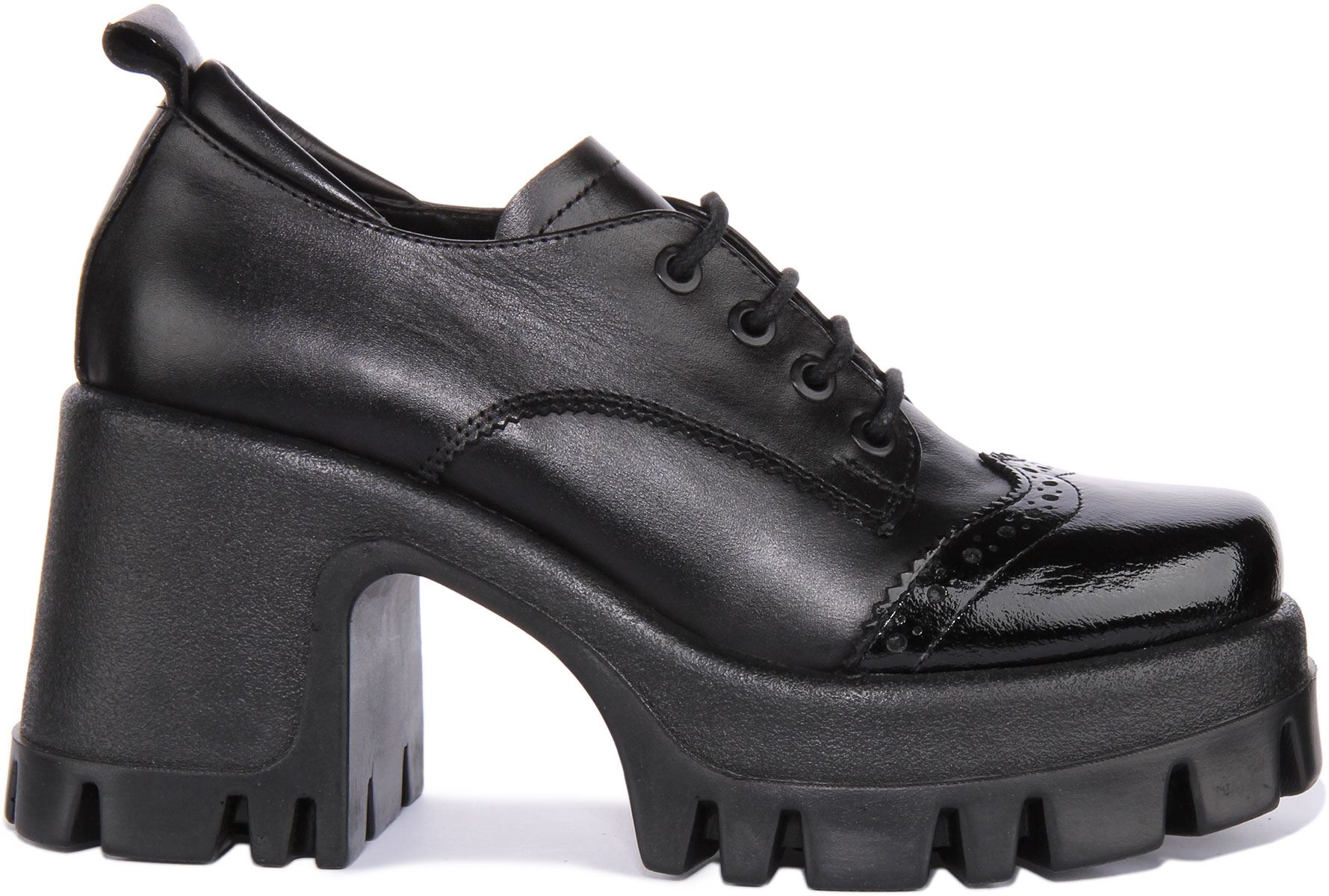 Justin Reess England Lilly Black Chunky Sole Brogue Shoe Patent