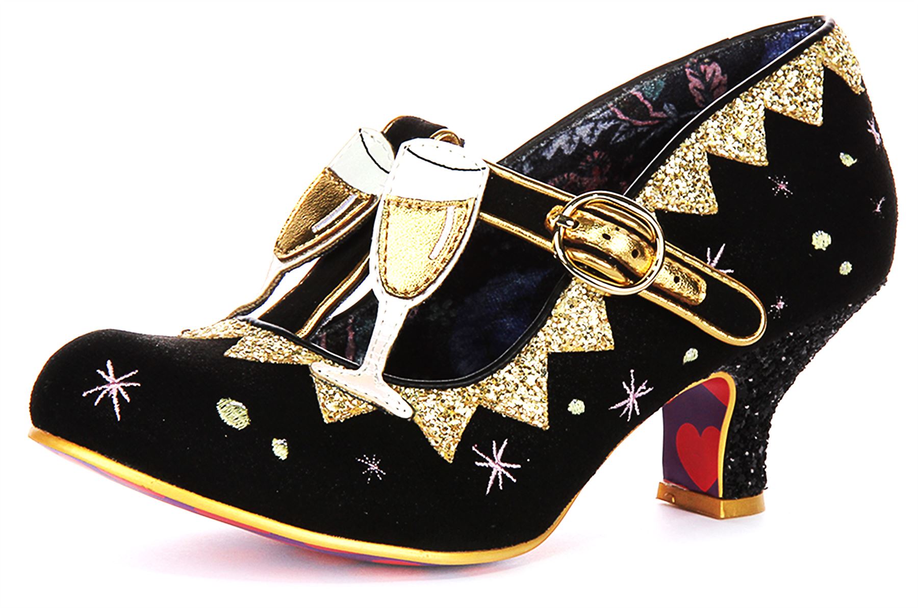 Irregular Choice Sip Sip Hooray T Bar Womens Heel Black Gold UK 4 - 8 - Picture 7 of 13
