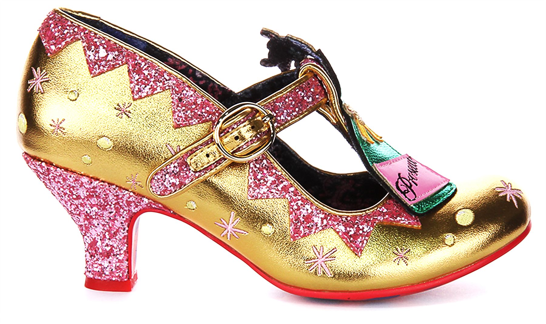 Irregular Choice Sip Sip Hooray T Bar Womens Heel Black Gold UK 4 - 8 - Picture 9 of 13