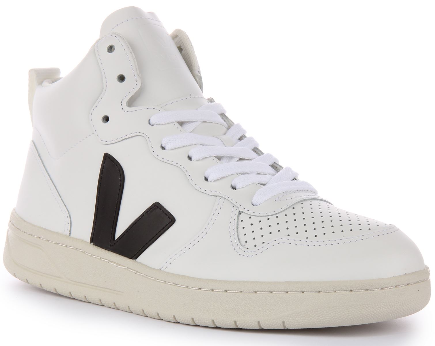 Click to view more detailed imagery on our partner's website Pre-owned Veja V-15 Bovine Leather Amazonian Rubber Sneaker White Black Mens Us 7 - 13
