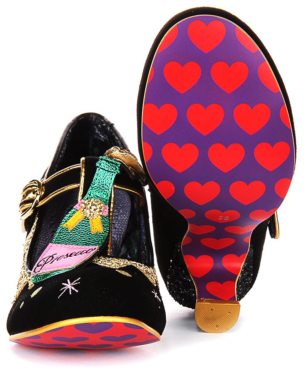 Irregular Choice Sip Sip Hooray T Bar Womens Heel Black Gold UK 4 - 8 - Picture 6 of 13