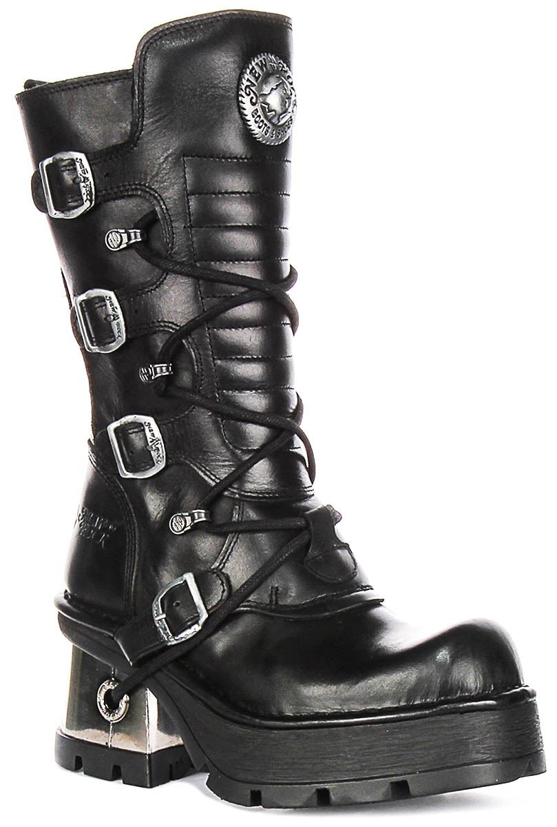New Rock 373 Tiermuster 4 Schnalle Leder Damen Stiefel IN Schwarz EU37-41