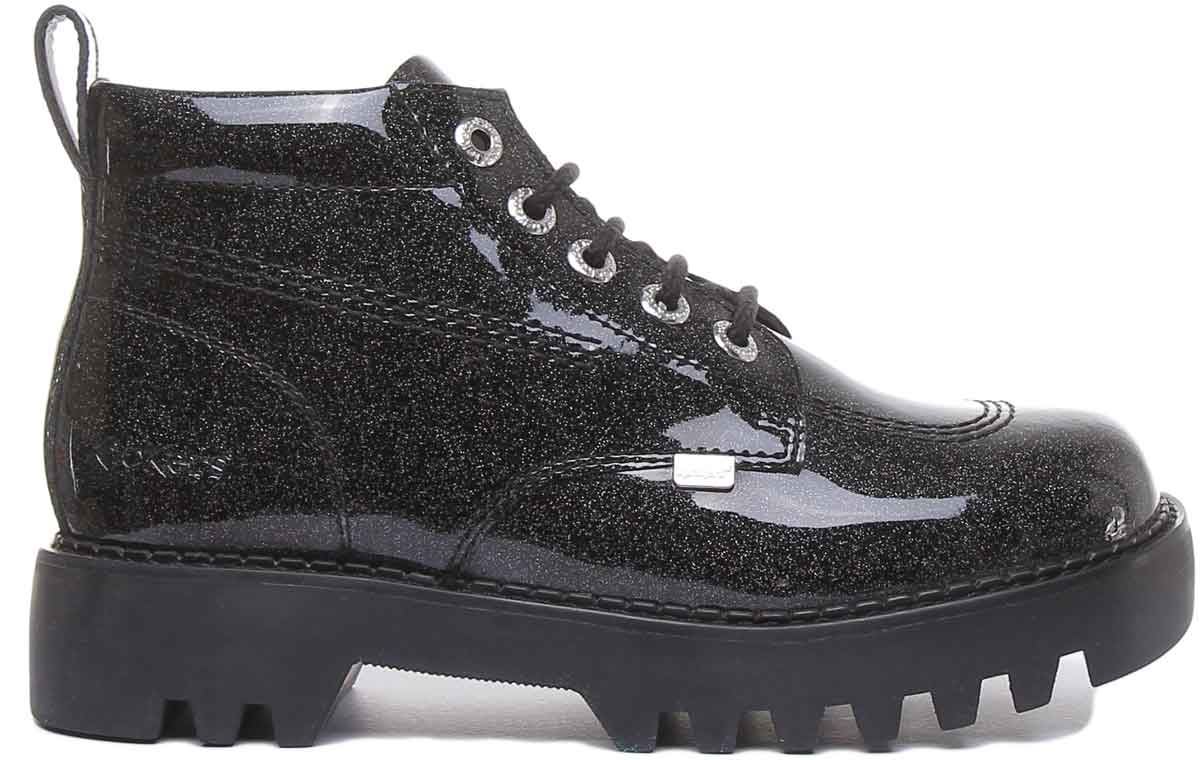 KICKERS Kizziie Hi Mujer Cordones Botín de Piel en Negro Charol Talla UK 3- 8 - Imagen 9 de 13