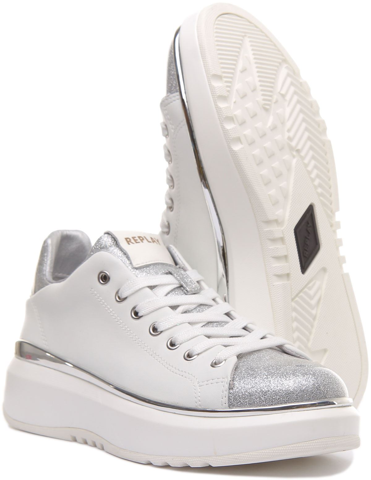 Trsiner Replay donna aromi bianco glitter plateau linguetta logo taglia UK 3 - 7 - Foto 11 di 12
