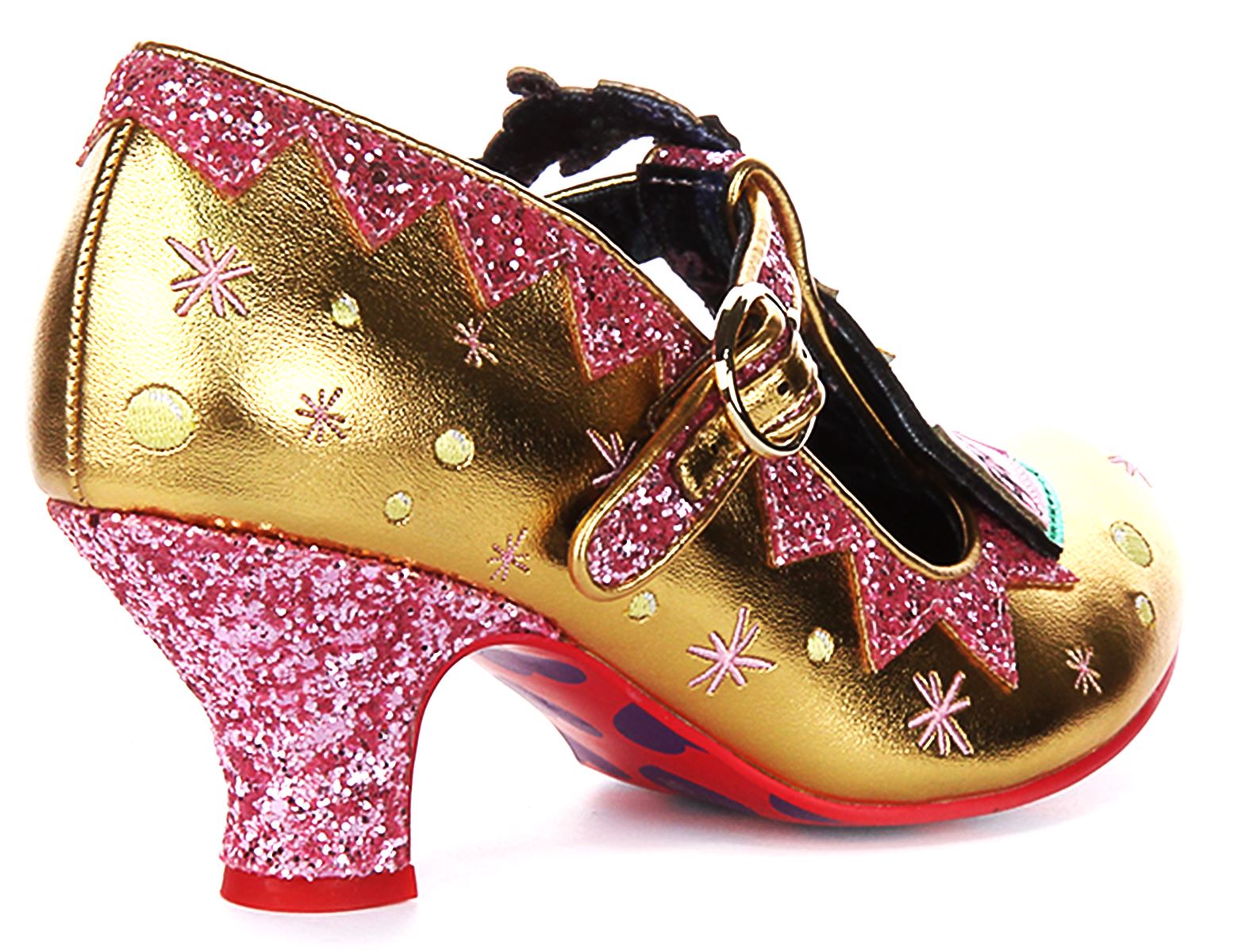 Irregular Choice Sip Sip Hooray T Bar Womens Heel Black Gold UK 4 - 8 - Picture 10 of 13