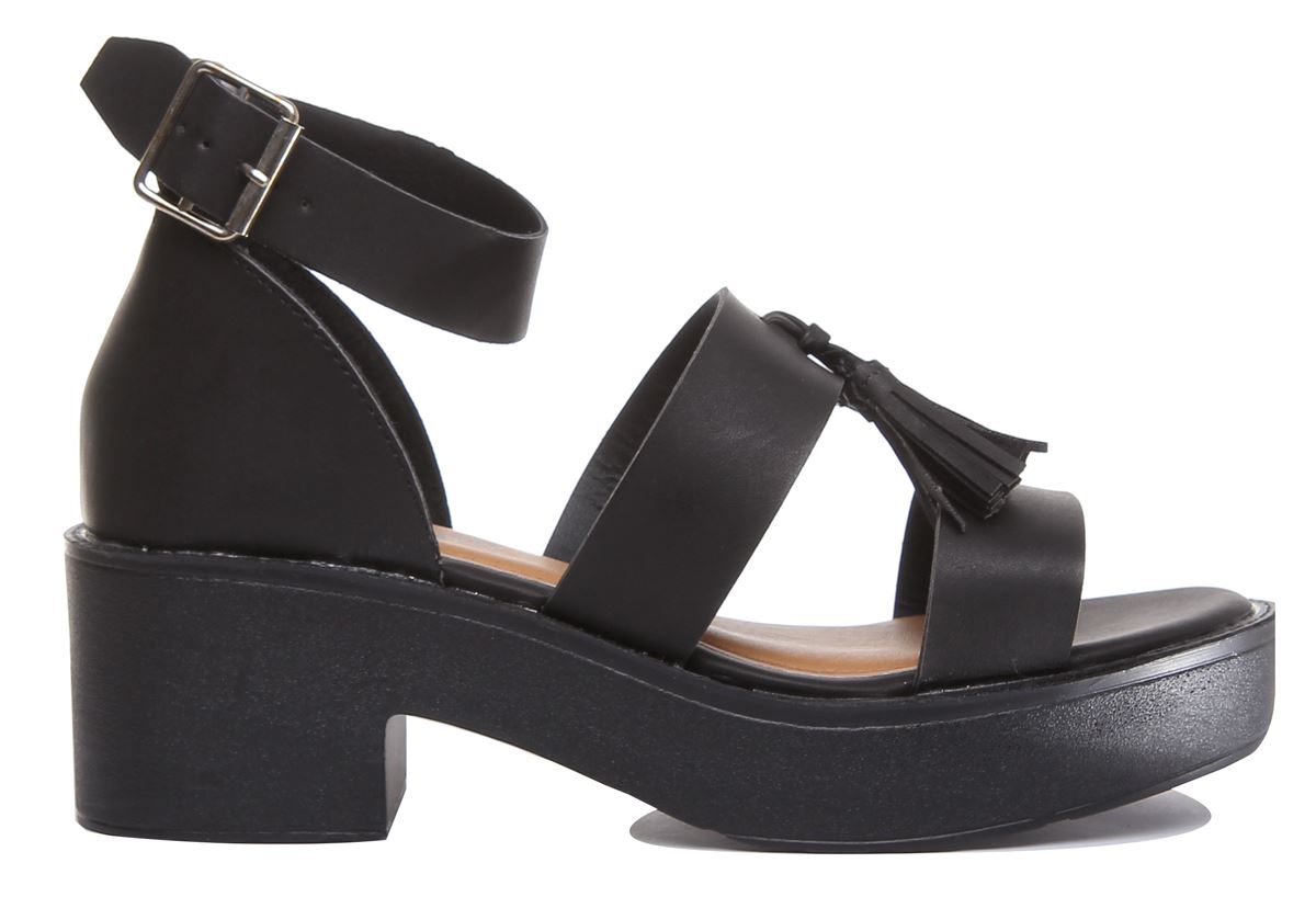 Womens Ladies Block Heel Fashion Sandals With Tassel In Black Size UK 2- 8 - Picture 5 of 14