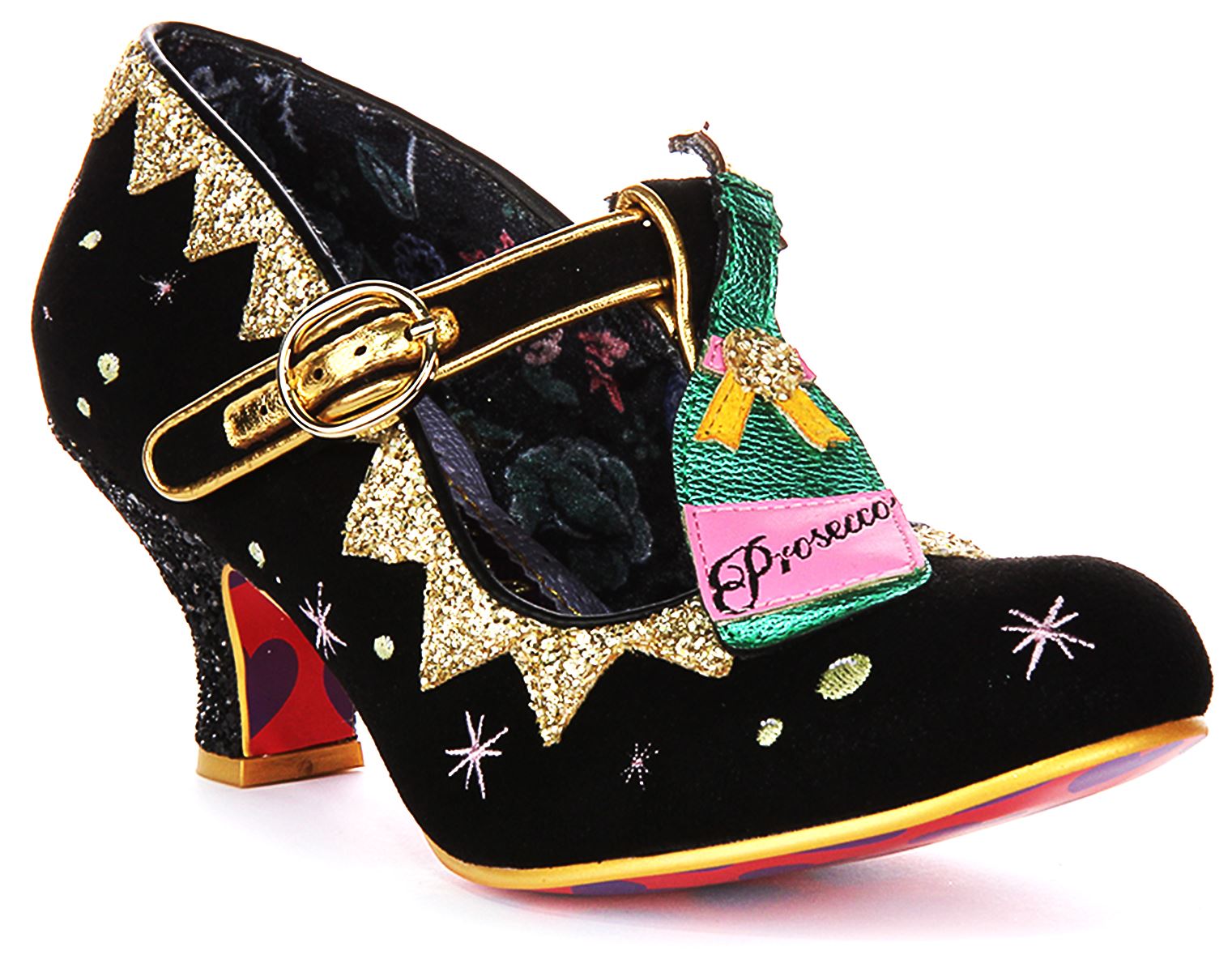Irregular Choice Sip Sip Hooray T Bar Womens Heel Black Gold UK 4 - 8 - Picture 2 of 13
