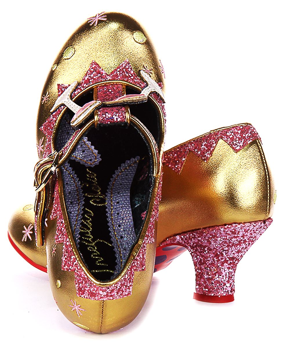 Irregular Choice Sip Sip Hooray T Bar Womens Heel Black Gold UK 4 - 8 - Picture 11 of 13