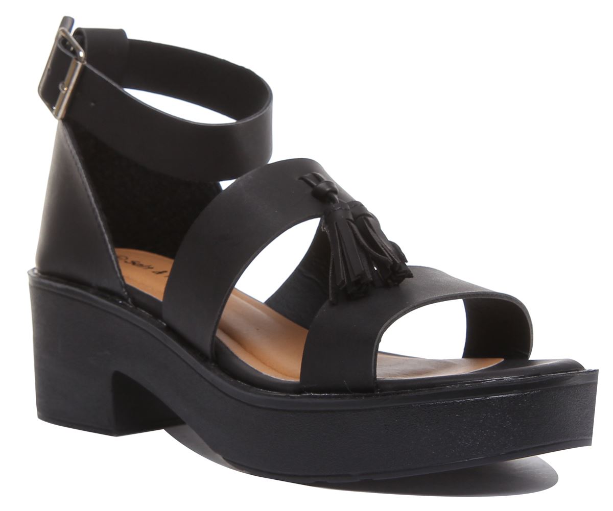 Womens Ladies Block Heel Fashion Sandals With Tassel In Black Size UK 2- 8 - Picture 4 of 14