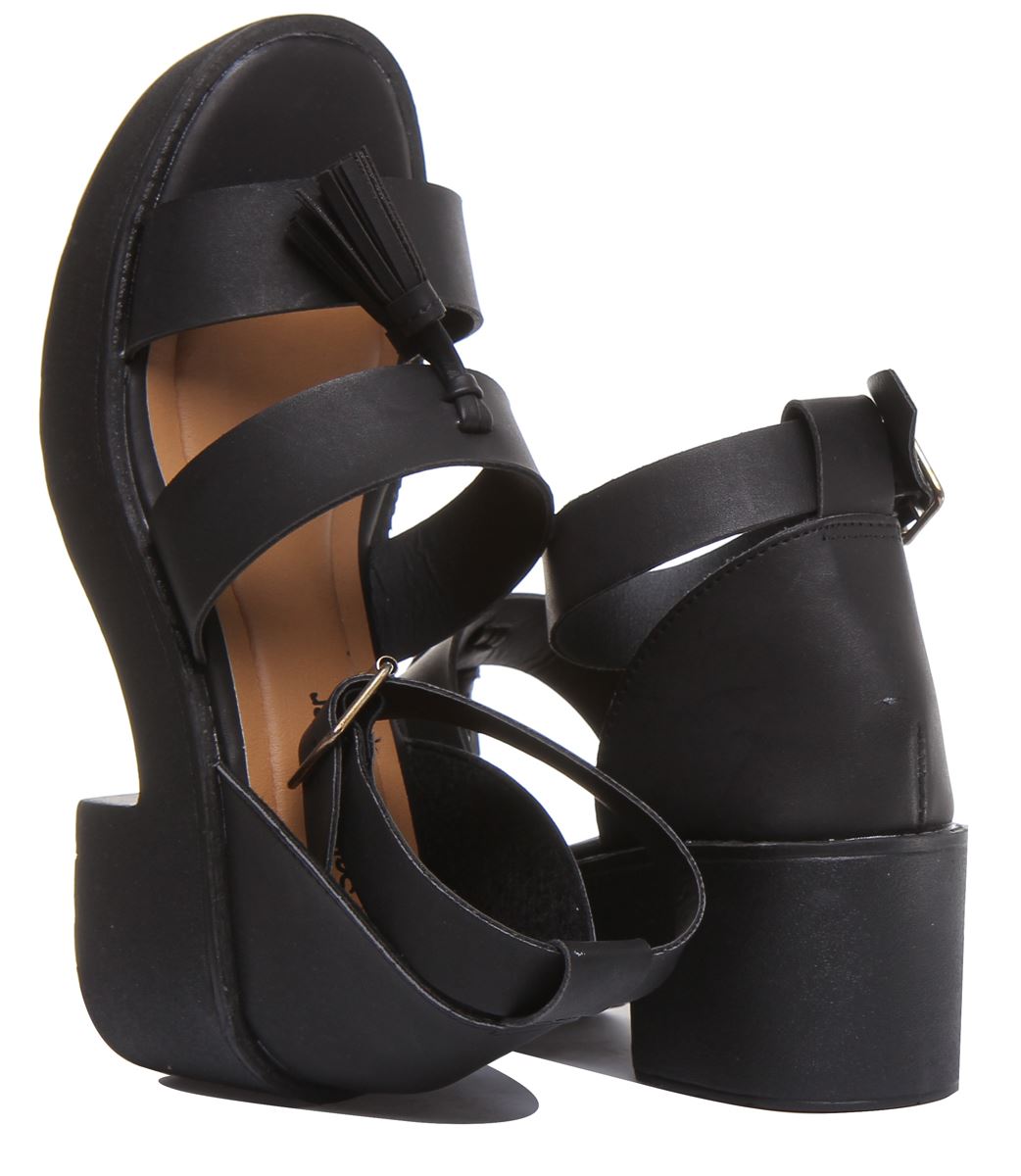 Womens Ladies Block Heel Fashion Sandals With Tassel In Black Size UK 2- 8 - Picture 7 of 14