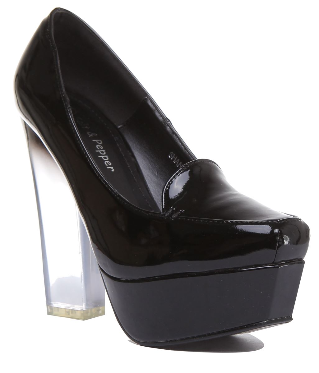 Womens Ladies High Heel Perpex Platform Patent Shoes In Black Size UK 2- 8
