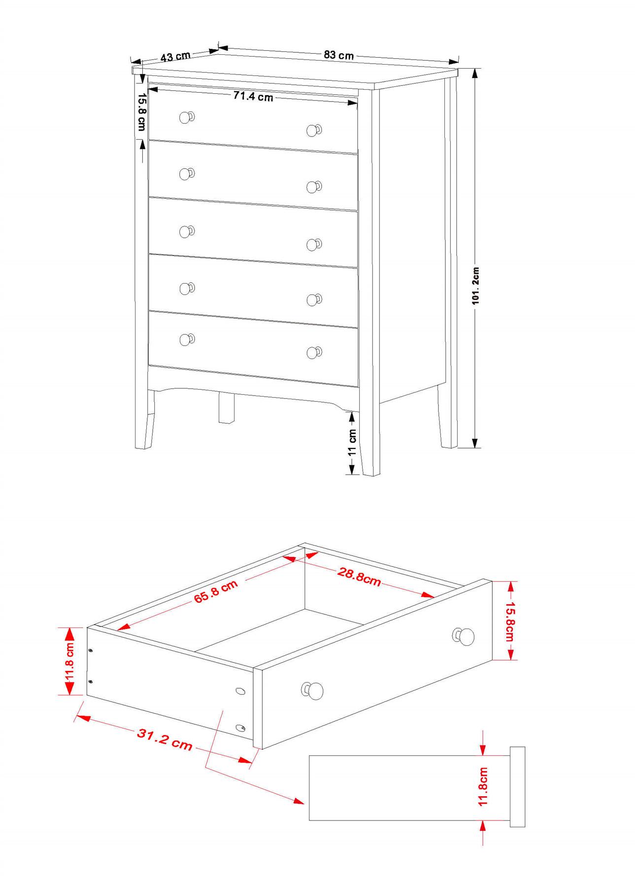 Chest of 4/5 Drawers Bedroom Clothing Storage Unit Metal Handles Runners - Picture 11 of 27