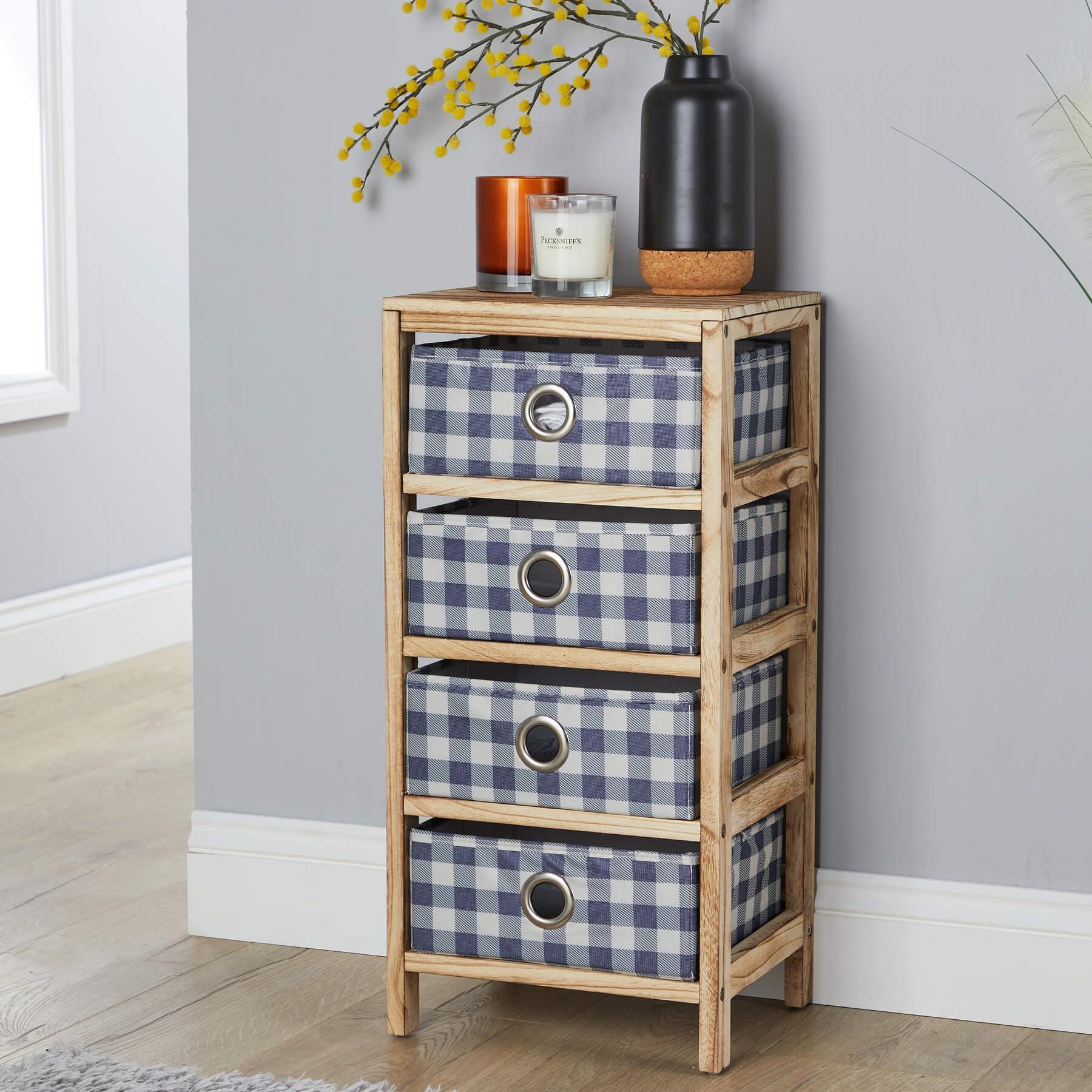 Wooden Chest 3/4/5 Storage Drawers Plaid Fabric Bedroom Organiser Coastal Style - Picture 11 of 22