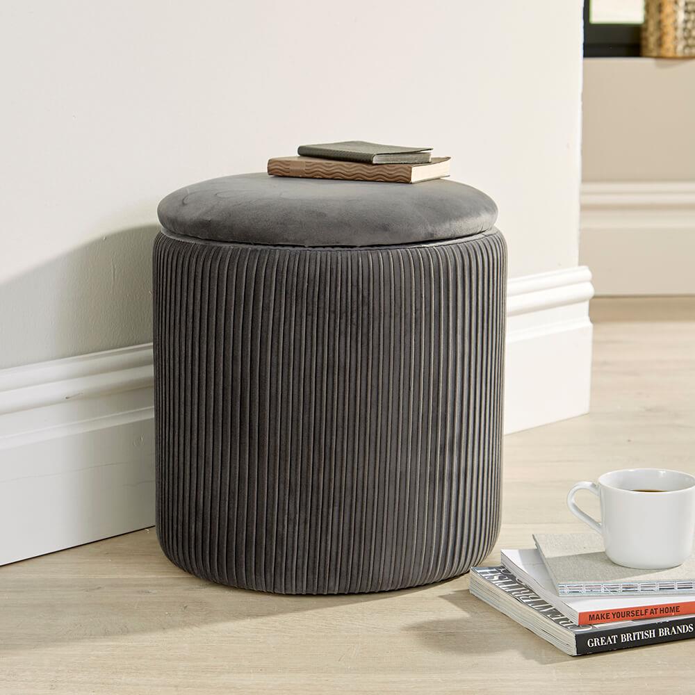 Iris Velvet Grey Ottoman Storage Box Pouffe Seat Stool Footstool