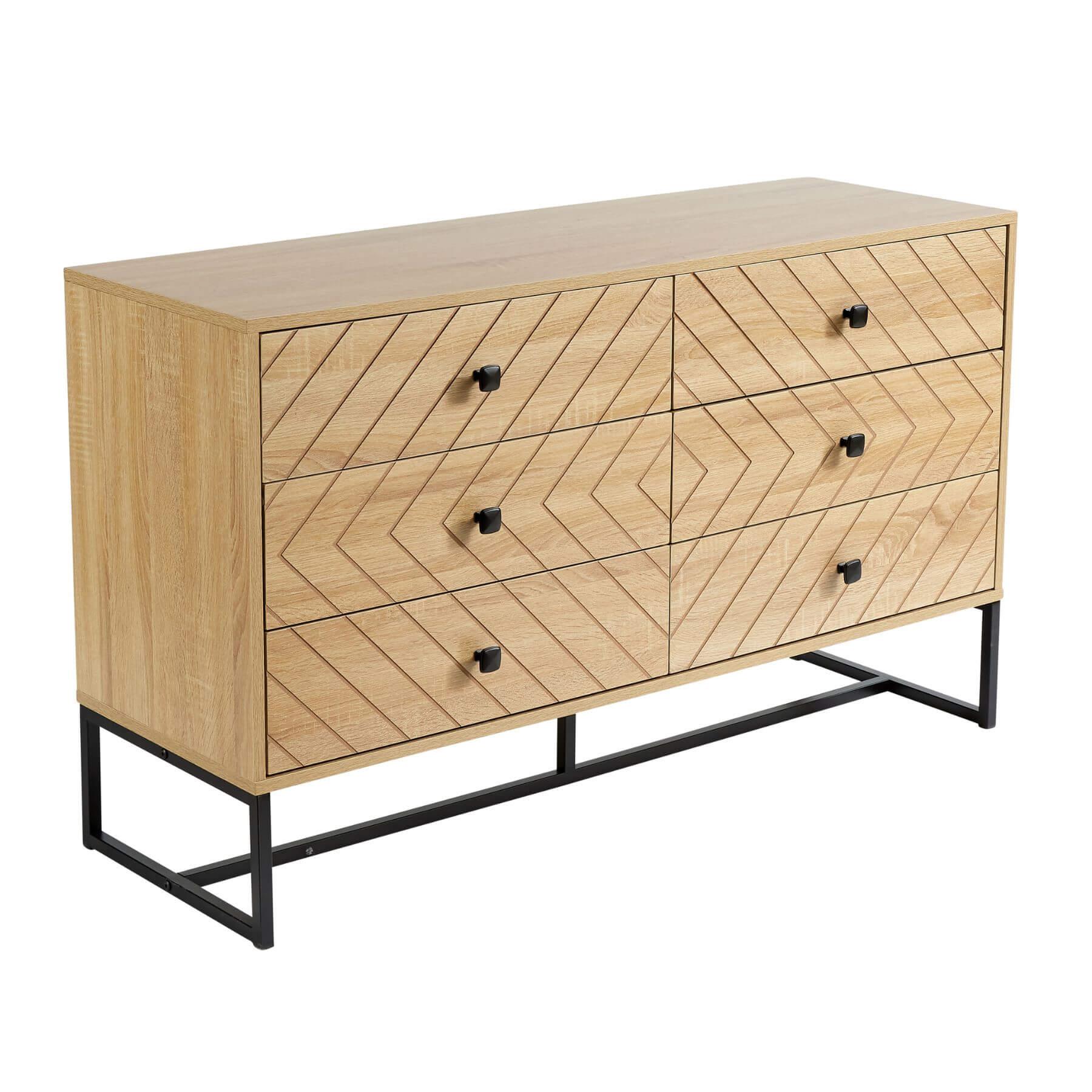 Chest 5/6 Drawers Aztec Design Oak Effect Metal Legs Bedroom Storage Furniture - Picture 16 of 17