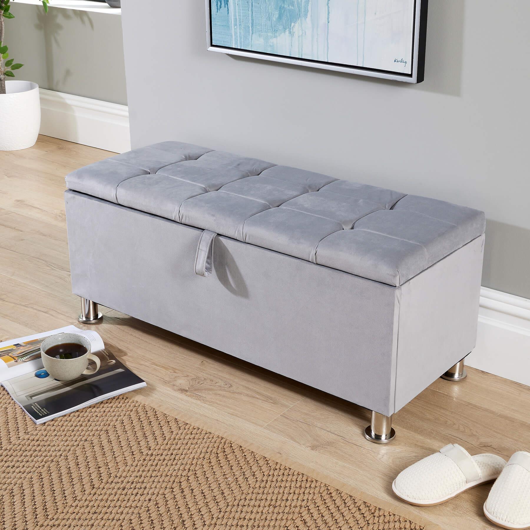 Storage Ottoman Chest Furniture Padded Seat Buttoned Detailing Metal Legs - Picture 16 of 25