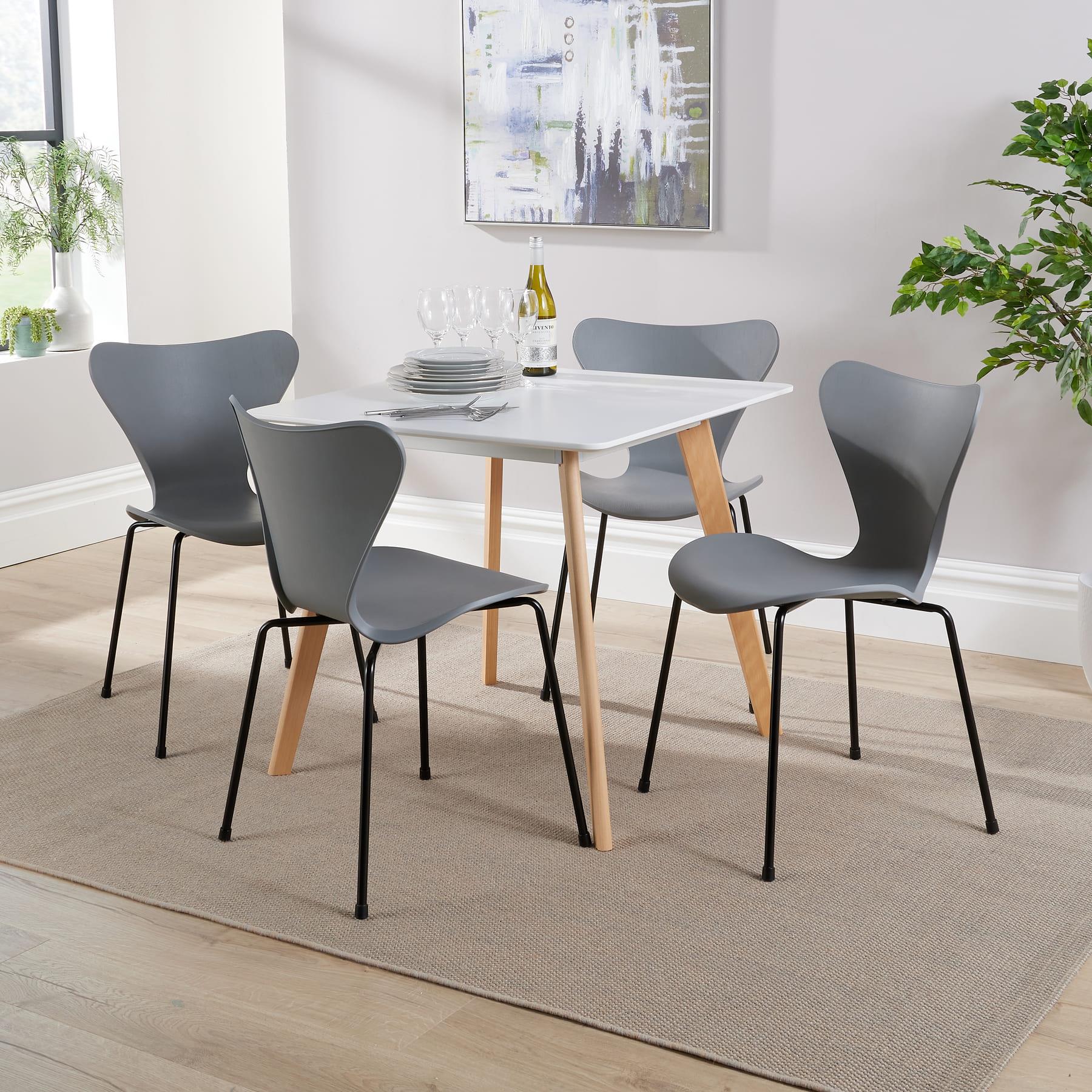 Esstisch Set - 80 cm weiße Platte Holzbeine 4 geometrische/gebogene Küchenstühle - Bild 14 von 48
