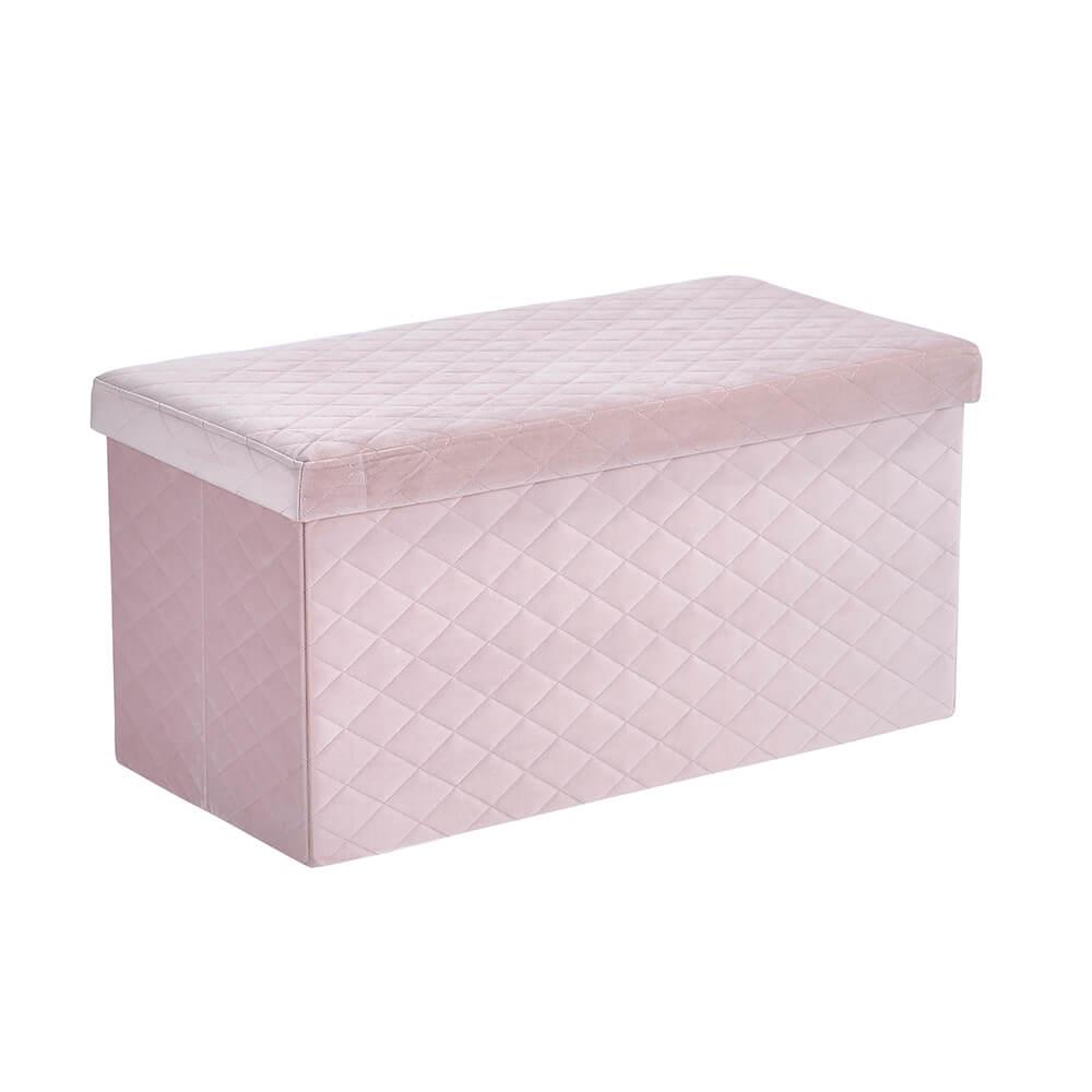Large Folding Quilted Ottoman Pink Velvet Fabric Chest Space Saving