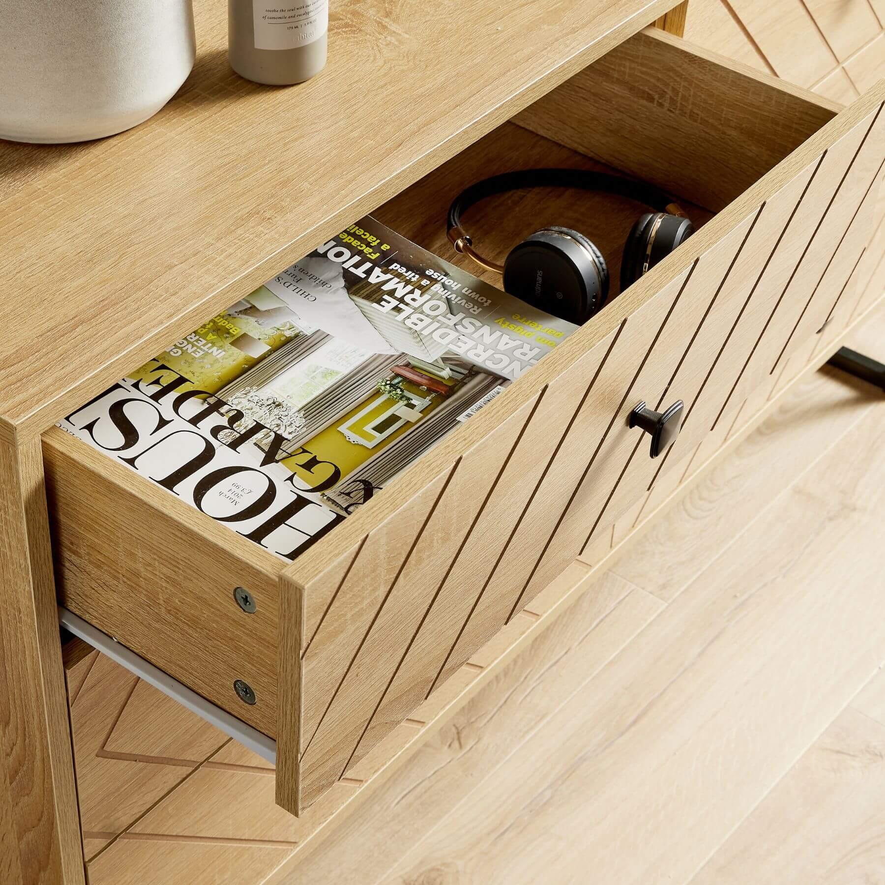 Chest 5/6 Drawers Aztec Design Oak Effect Metal Legs Bedroom Storage Furniture - Picture 15 of 17