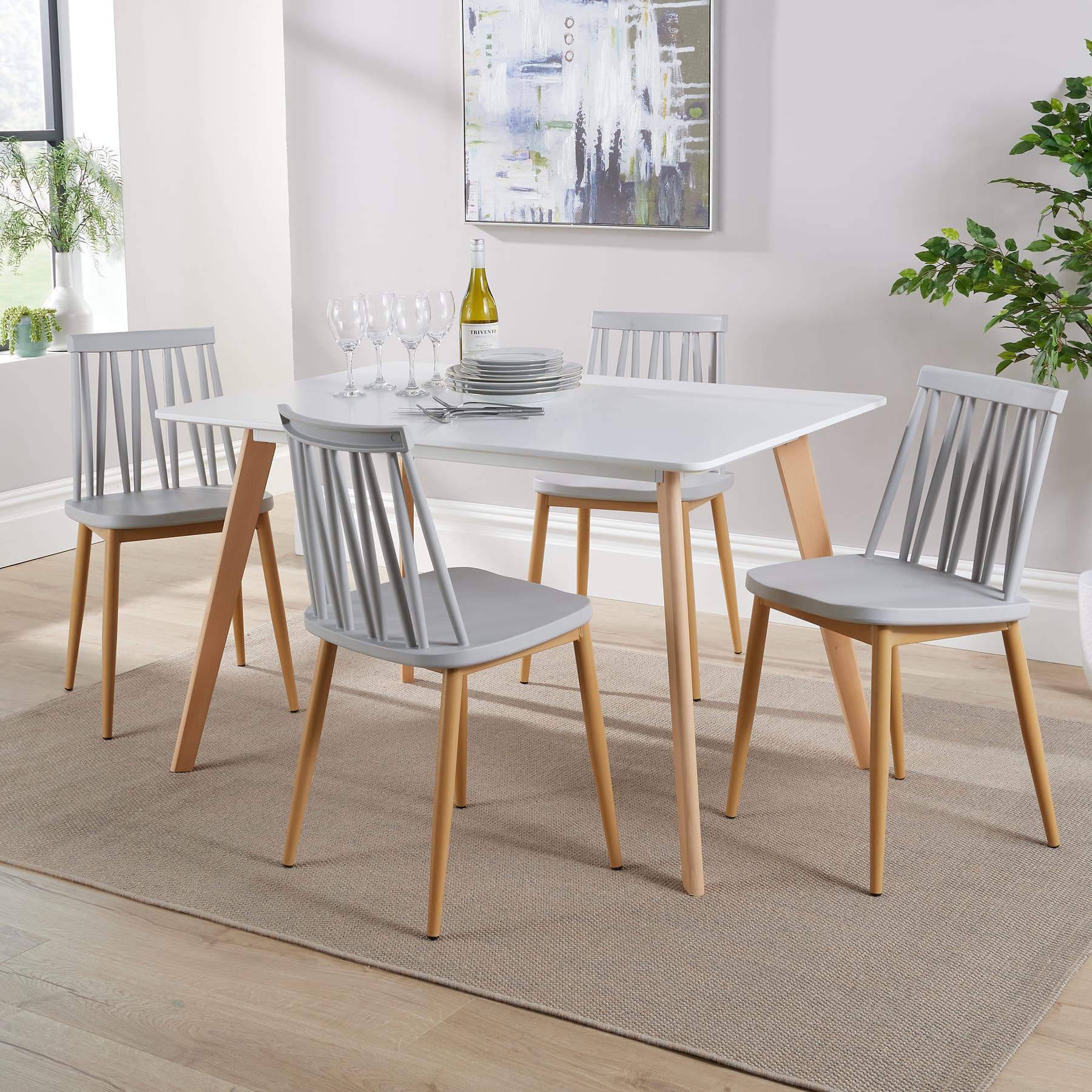 Dining Table Set - 120cm White Top Wooden Legs With 4 Kitchen Chairs Furniture - Picture 13 of 79