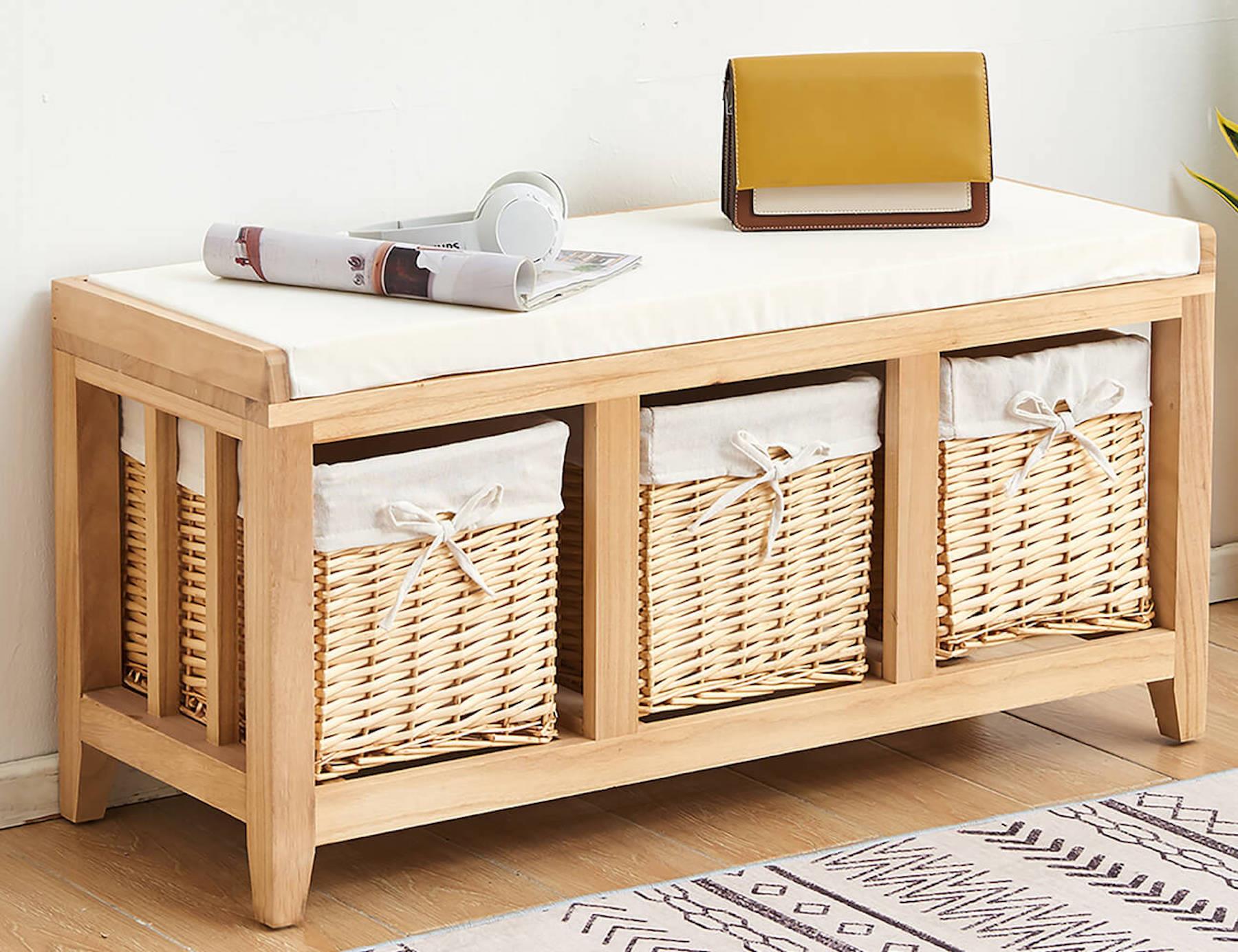 Natural Oak Hallway Bench Seat 3 Basket Pull-Out Storage White