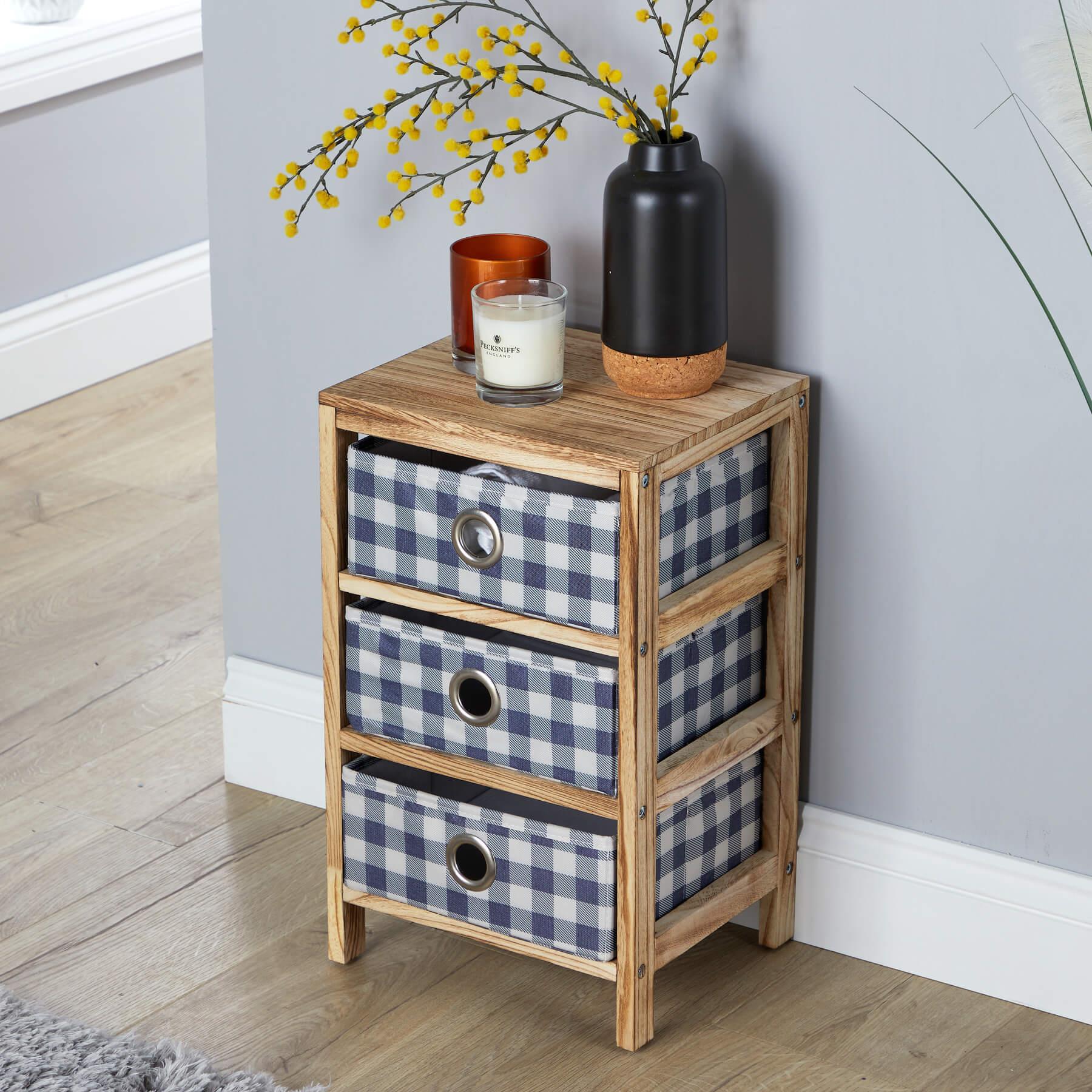 Wooden Chest 3/4/5 Storage Drawers Plaid Fabric Bedroom Organiser Coastal Style - Picture 3 of 22