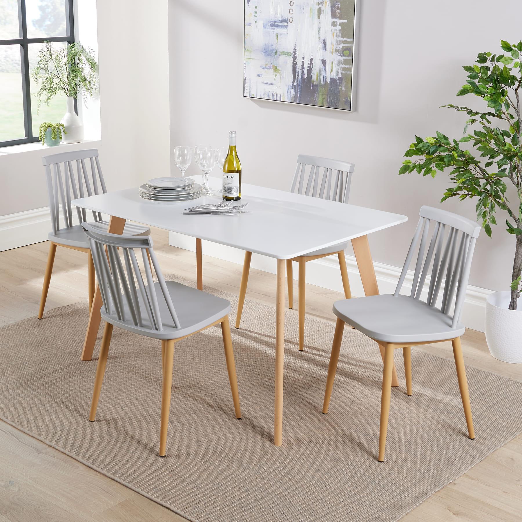 Dining Table Set - 120cm White Top Wooden Legs With 4 Kitchen Chairs Furniture - Picture 14 of 79
