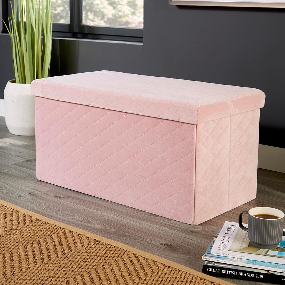 Large Folding Quilted Ottoman Pink Velvet Fabric Chest Space Saving