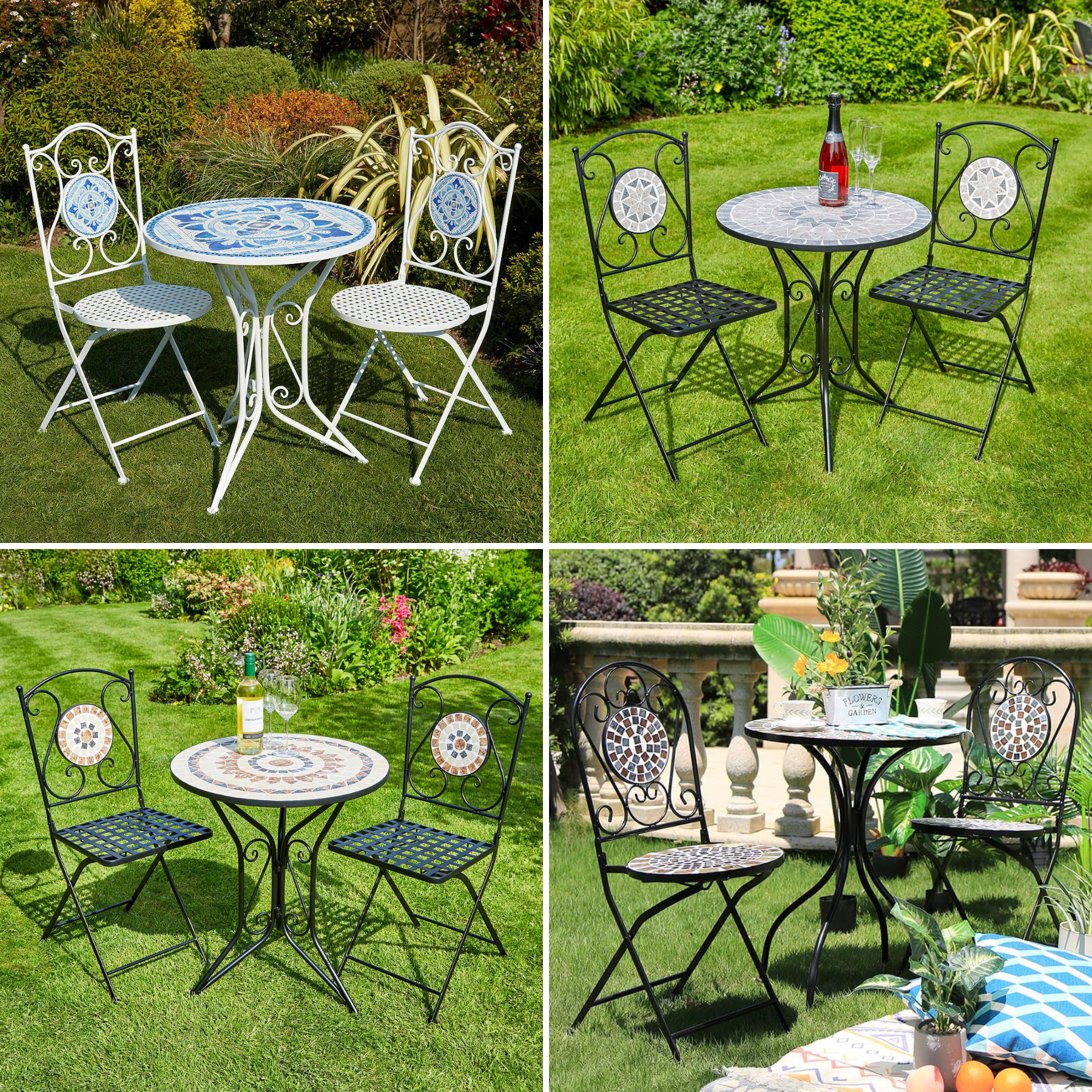 Bistro Set Mosaic Patio Outdoor Garden Furniture Table and Chairs Metal Frame