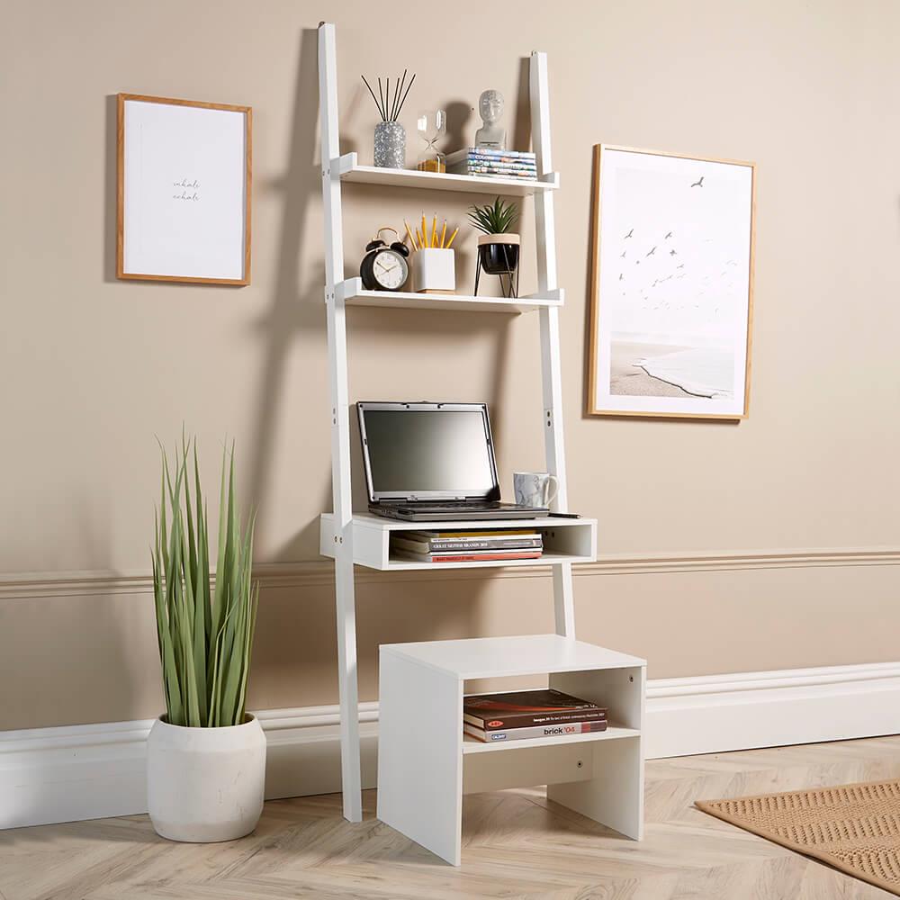 White 3 Tier Ladder Desk Unit Home Office Shelving Storage with Stool