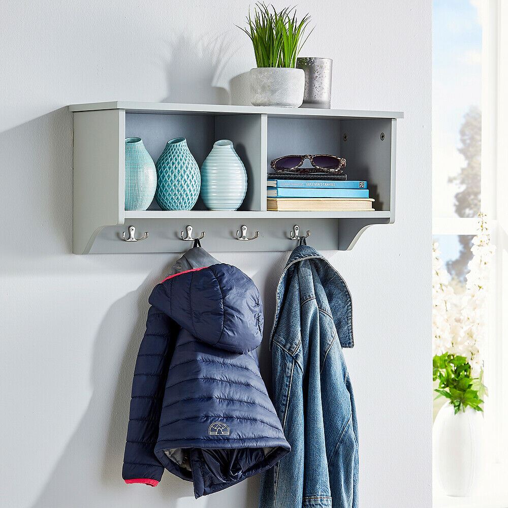 Coat Hook Wall Mounted Unit Grey 2 Open Shelves 4 Robe Hooks Bathroom