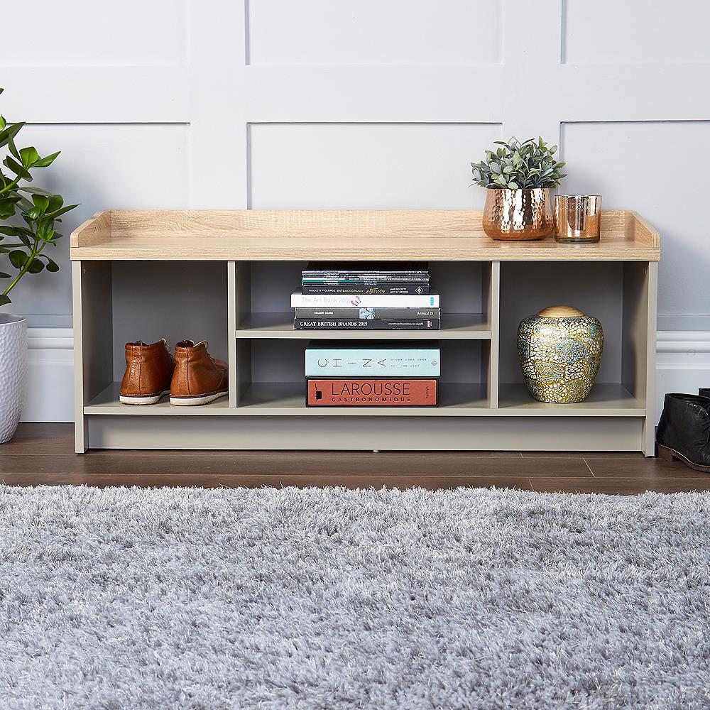 Grey Oak Hallway Storage Bench With Open Shoe Storage