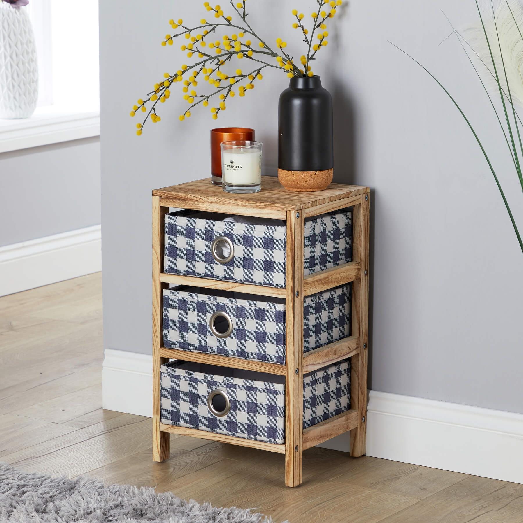 Wooden Chest 3/4/5 Storage Drawers Plaid Fabric Bedroom Organiser Coastal Style - Picture 2 of 22