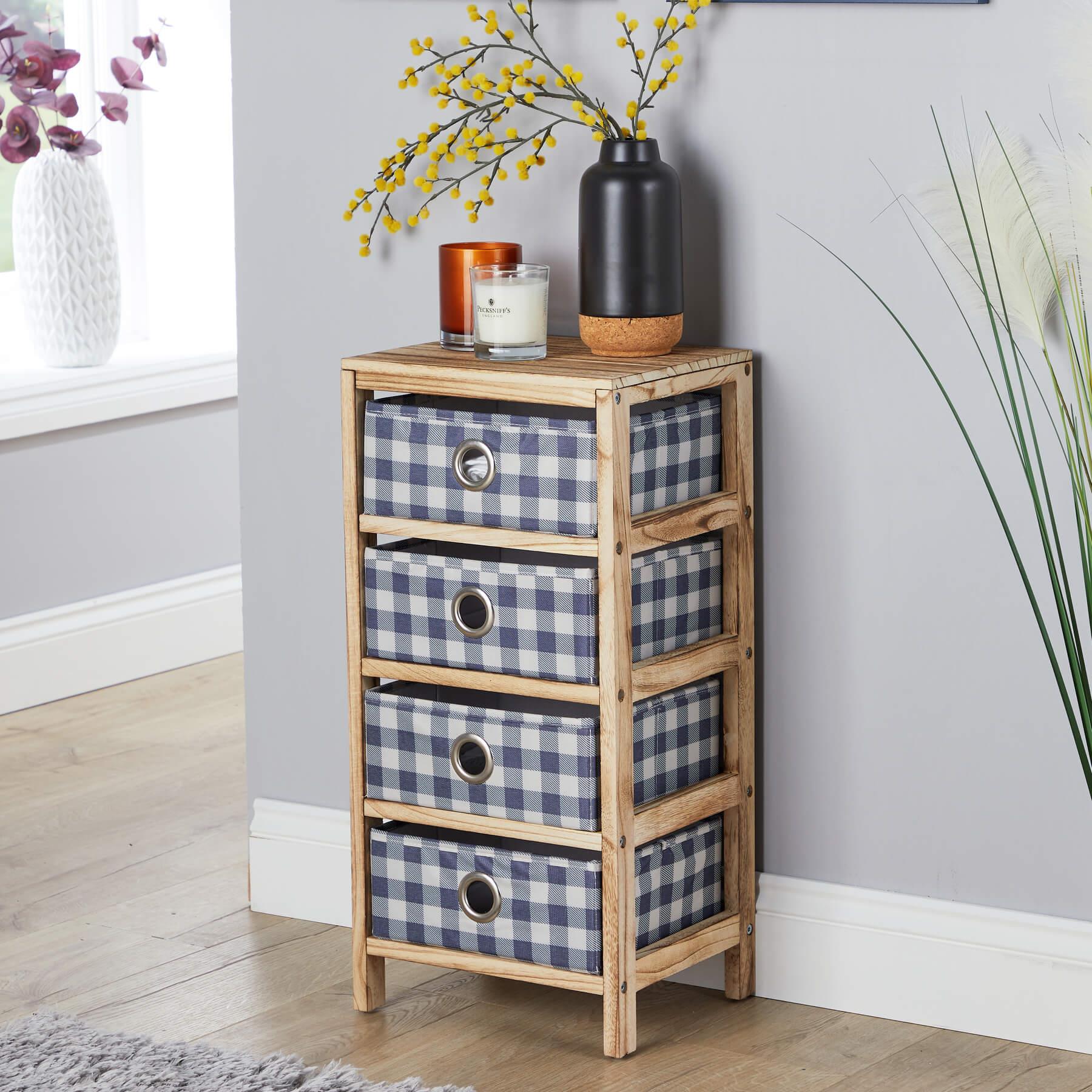 Wooden Chest 3/4/5 Storage Drawers Plaid Fabric Bedroom Organiser Coastal Style - Picture 9 of 22
